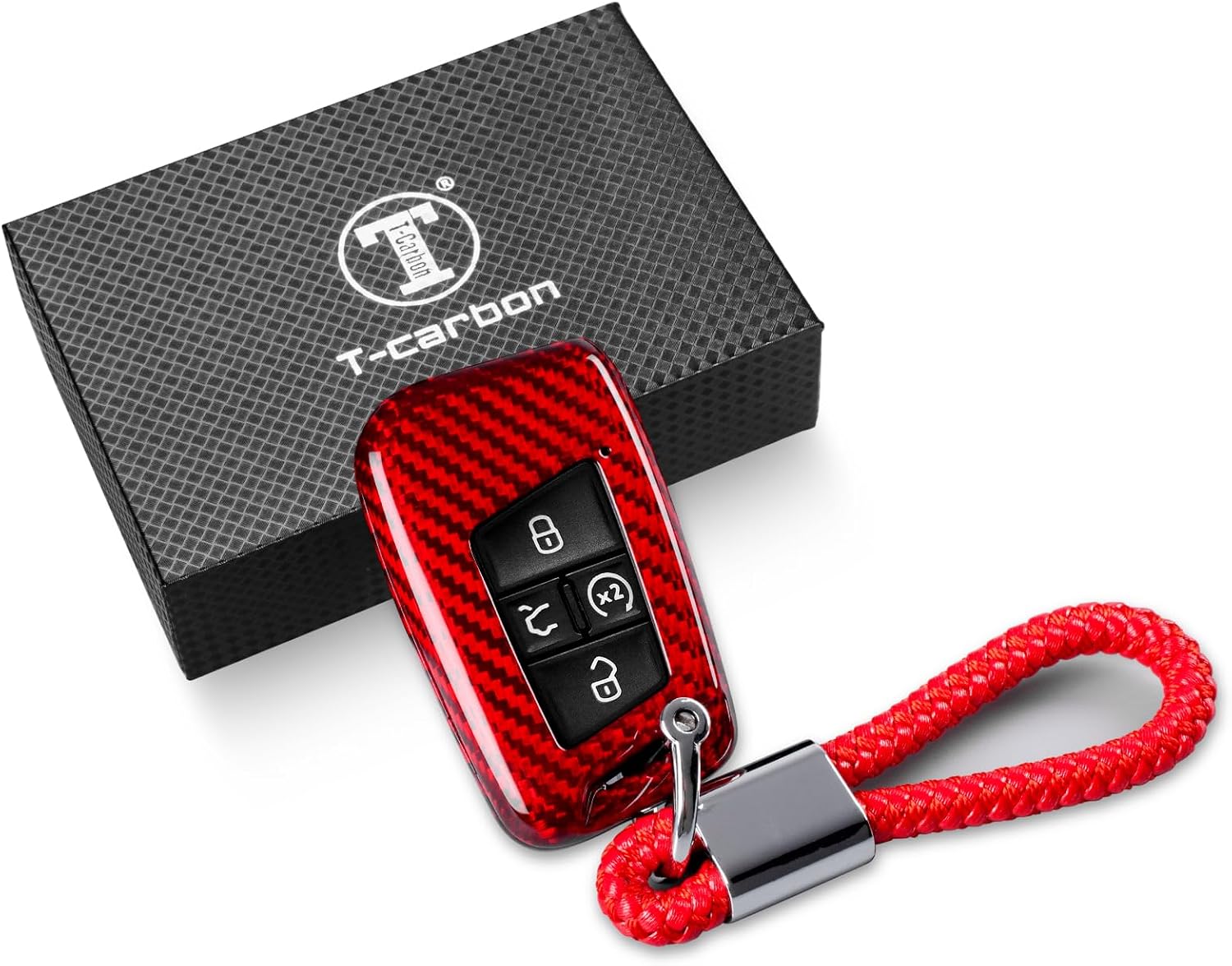 T-carbon Key Fob Cover Compatible with Volkswagen,Car Key Shell Case Holder with Keychain for 2018-2024 Atlas Alltrack Atlas Jetta Passat Arteon Tiguan Smart 4 Button Remote Accessories, Red