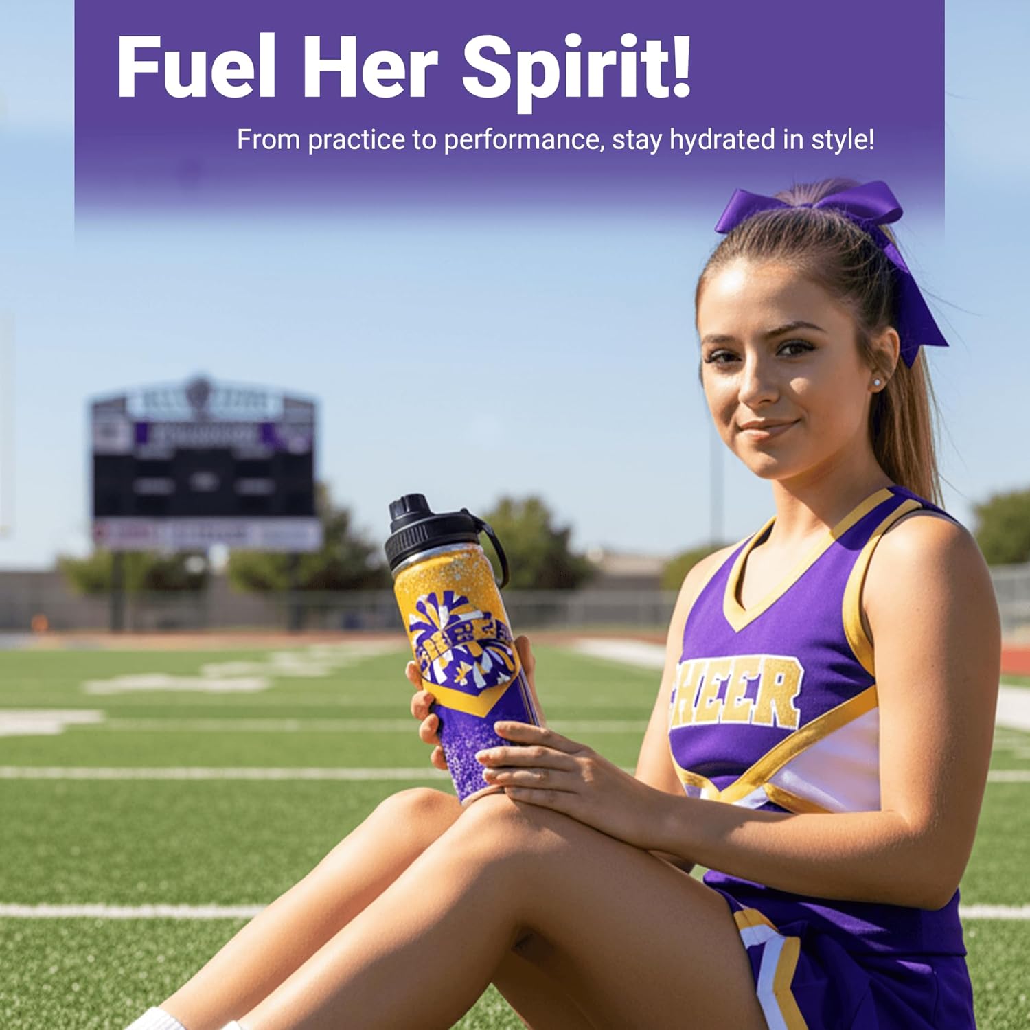 Cheer Water Bottle for Girls 18 oz, Insulated Stainless Steel Sports Bottle with Handle, Cheerleader Gift Bulk for Team Squad Gifts (Gold Purple) - Image 2