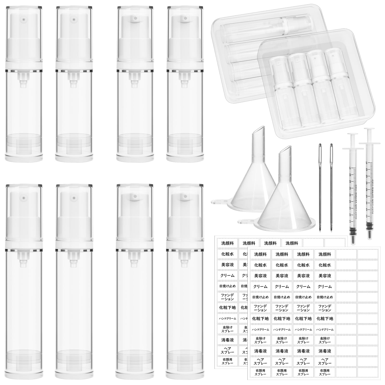 SENUN 真空トラベルボトル 小分けボトル 8個セット 5ml/10ml 真空 ポンプ スプレー 液体/乳液小分け トラベルセット コスメ用詰替え容器 漏れ防止 化粧水/メイク落とし/洗剤/シャンプー/クリーム入れ 旅行詰替えボトル 出張 旅行 携帯用 透明 ラベルシール付き (5ml+10ml各1セット)