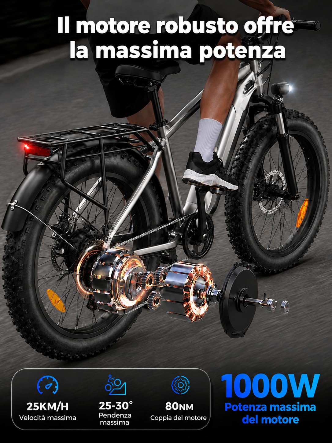 Bodywel D6 Bici Elettrica Adulto, 26x4 Fat Mountain E Bike Tutti i Terreni, Batteria 48V 15Ah, Motore 250W, 7 Velocità, Forcella Ammortizzata, Freni a Disco Idraulici e Telaio in Lega (Argento)