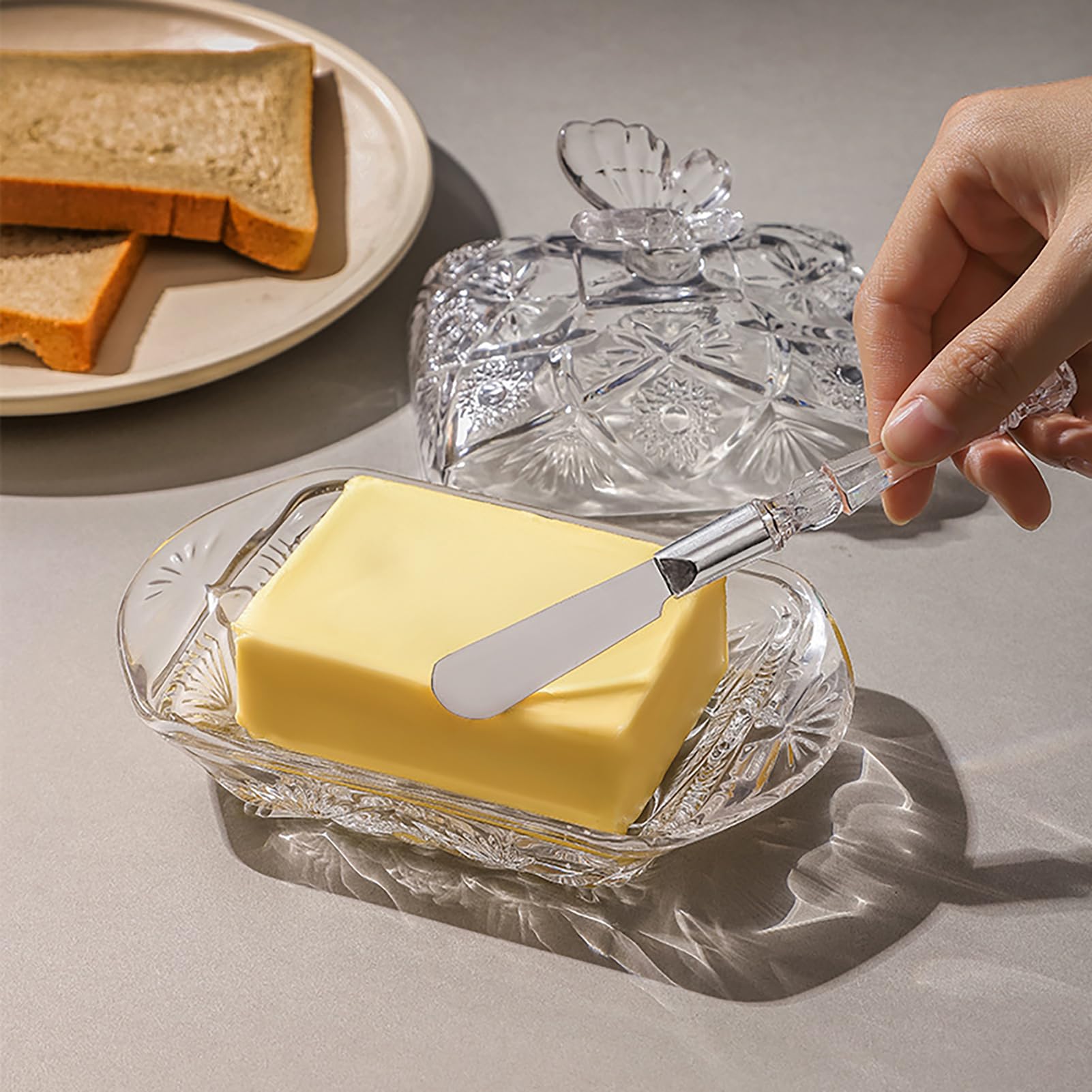 Plato de Mantequilla de Vidrio, Soporte para Mantequilla con Cuchillo de Mantequilla de Acero Inoxidable Recipiente para Mantequilla con Tapa Cubierta de Cristal para Pastel Queso