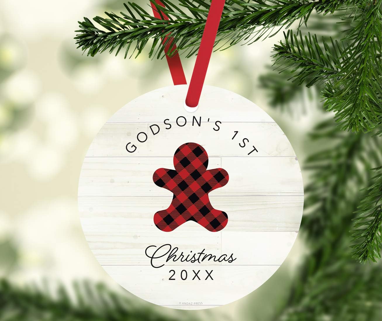 Andaz Press Family Metal Christmas Ornament, Godson's 1st Christmas 2024, Lumberjack Buffalo Red Plaid, 1-Pack, Includes Ribbon and Gift Bag
