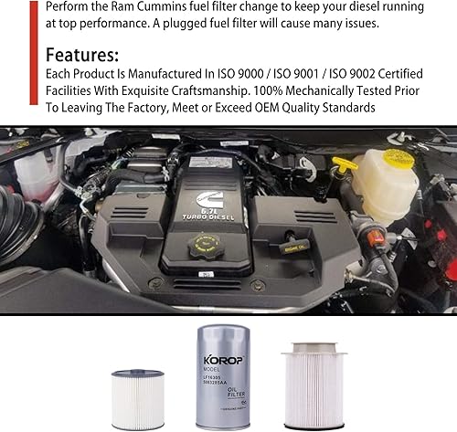 Miniatura 6 de 6.7 CUMMINS Filtro de combustible separador de agua y kit de filtro de aceite, reemplaza # 68436631AA 68157291AA 5083285AA Se adapta a motores
