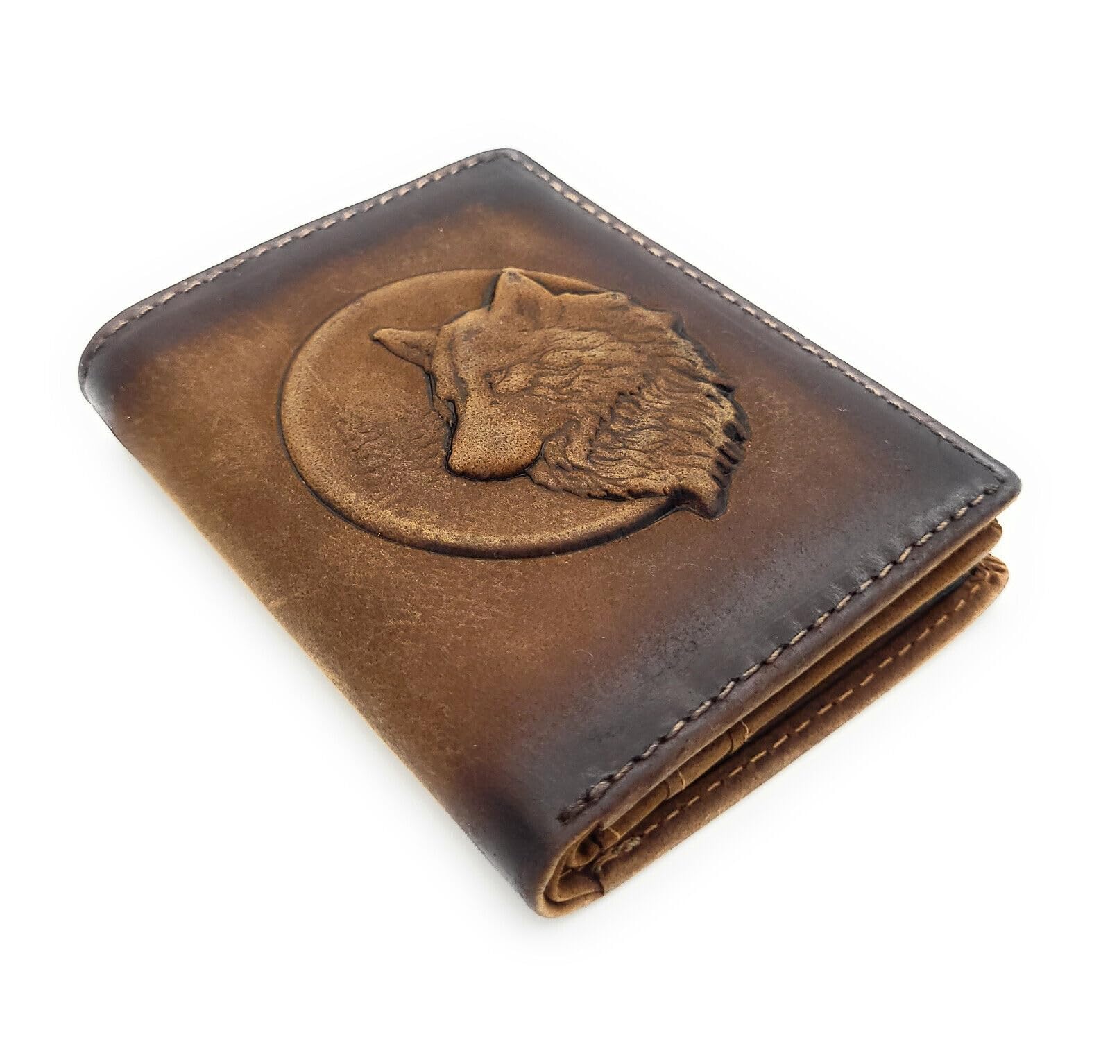 Mini portafoglio in vera pelle 3D aquila o lupo con protezione RFID NFC, Lupo marrone, s, Casual