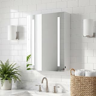 Batteriebetriebener LED-Spiegelschrank – Wandmontierter Spiegelschrank mit Ablagefach, 4 mm kupferfreier Spiegel, sanfte LED-Beleuchtung, Wippschalter, Weiß, 40x60 cm (Batterien nicht enthalt