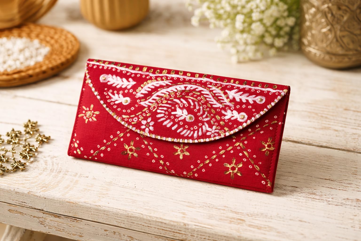 Red Silk Money Cover | Hand-Painted Paisley & Floral Cash Envelope for Weddings, Shagun & Gifting - Reusable Traditional Silk Envelope. 4