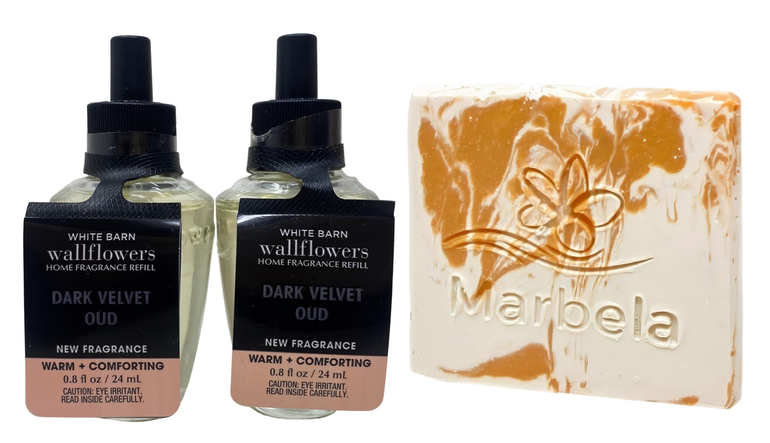 Bath & Body Works Dark Velvet Oud 2 Wallflowers Home Fragrance Refill Bulbs with a Peach Gardenia Sample Soap