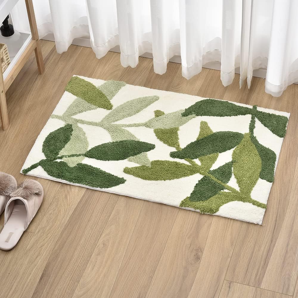 Bath Mat 50x80cm, Tufted Plush Bath Rugs, Washable Bathroom Mat, Green Leaves Plants Rug, Bathroom Decor Mat, Embossed Leaves Bath Mat