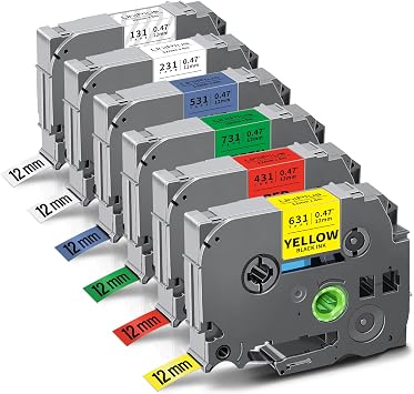 UniPlus Compatible 12mm Label Tape Replacement for Brother P-Touch TZe Laminated TZe-231 TZe-131 TZe-631 TZe-431 TZe-531 TZe-731 Work with PT-D200 PT-D210 PT-P750W PT-E110 PT-E300 PT-D400, 6-Pack