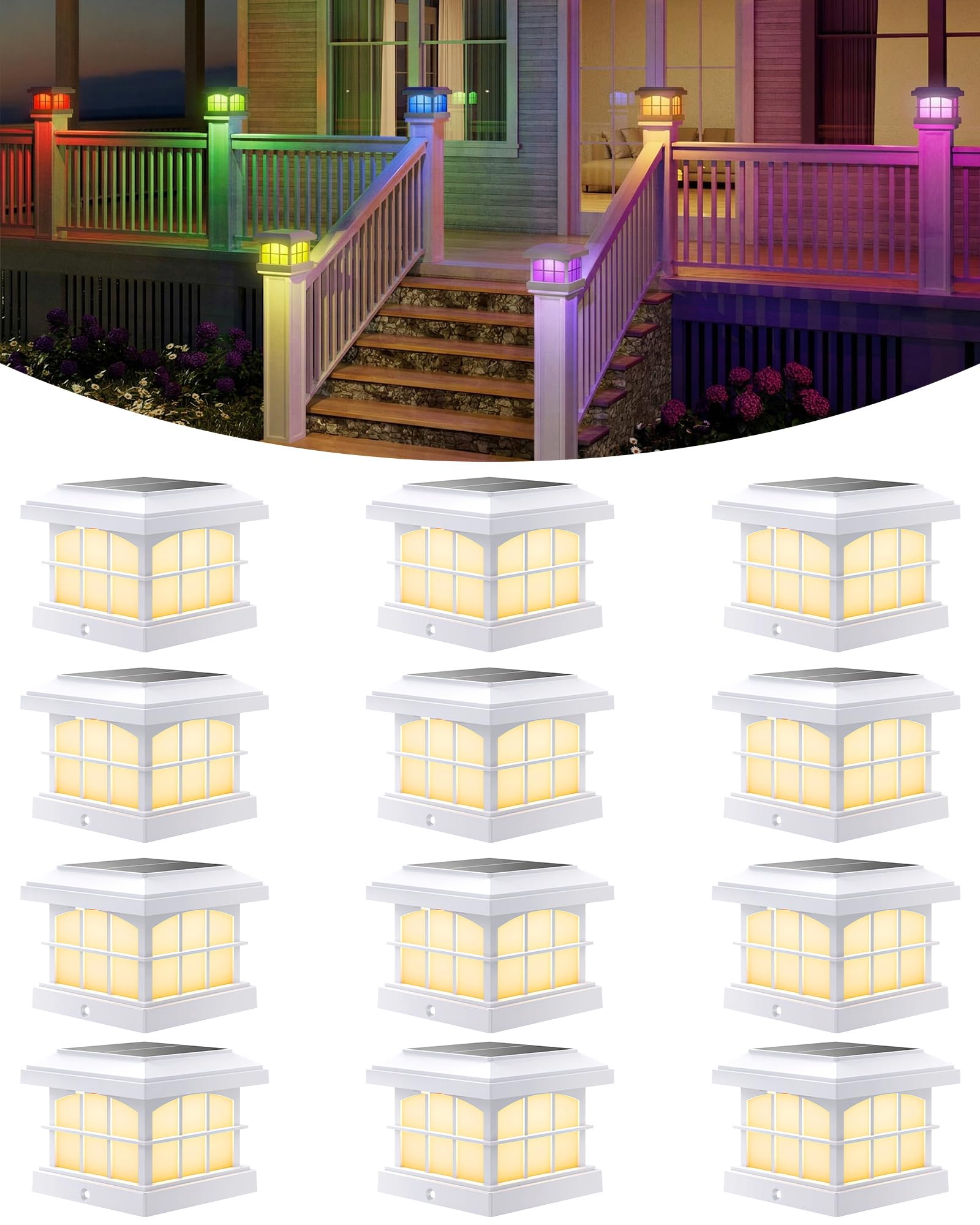 PARTPHONER 12 Pack Fence Post Solar Lights, 2-Modes Bright Outdoor Waterproof Garden Patio Fence Deck Post Lights, White,4x4-image-38