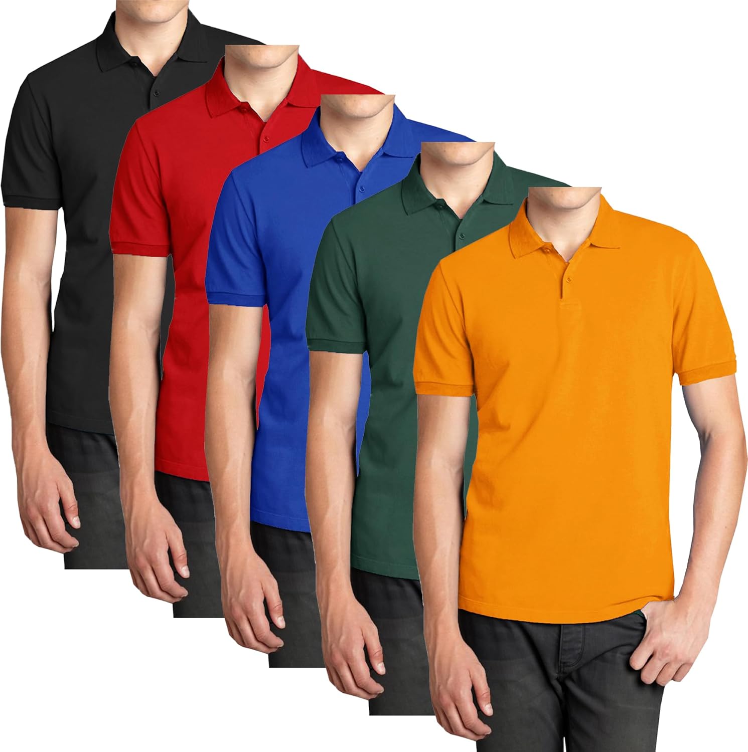 Galaxy by Harvic 5-Pack Men’s Short Sleeve Pique Polo Shirt Modern-Fit with Ribbed Collar and Breathable Cotton-Blend Fabric