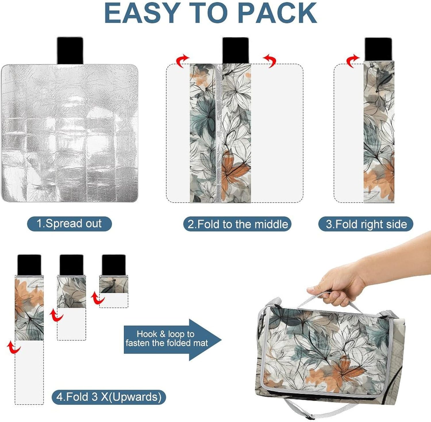 Simple Drawing of Flowers Outdoor Mat Foldable ，Beach Blanket Waterproof Surface，Easy to Clean Travel Blanket， for Spring and Summer Grassland Camping