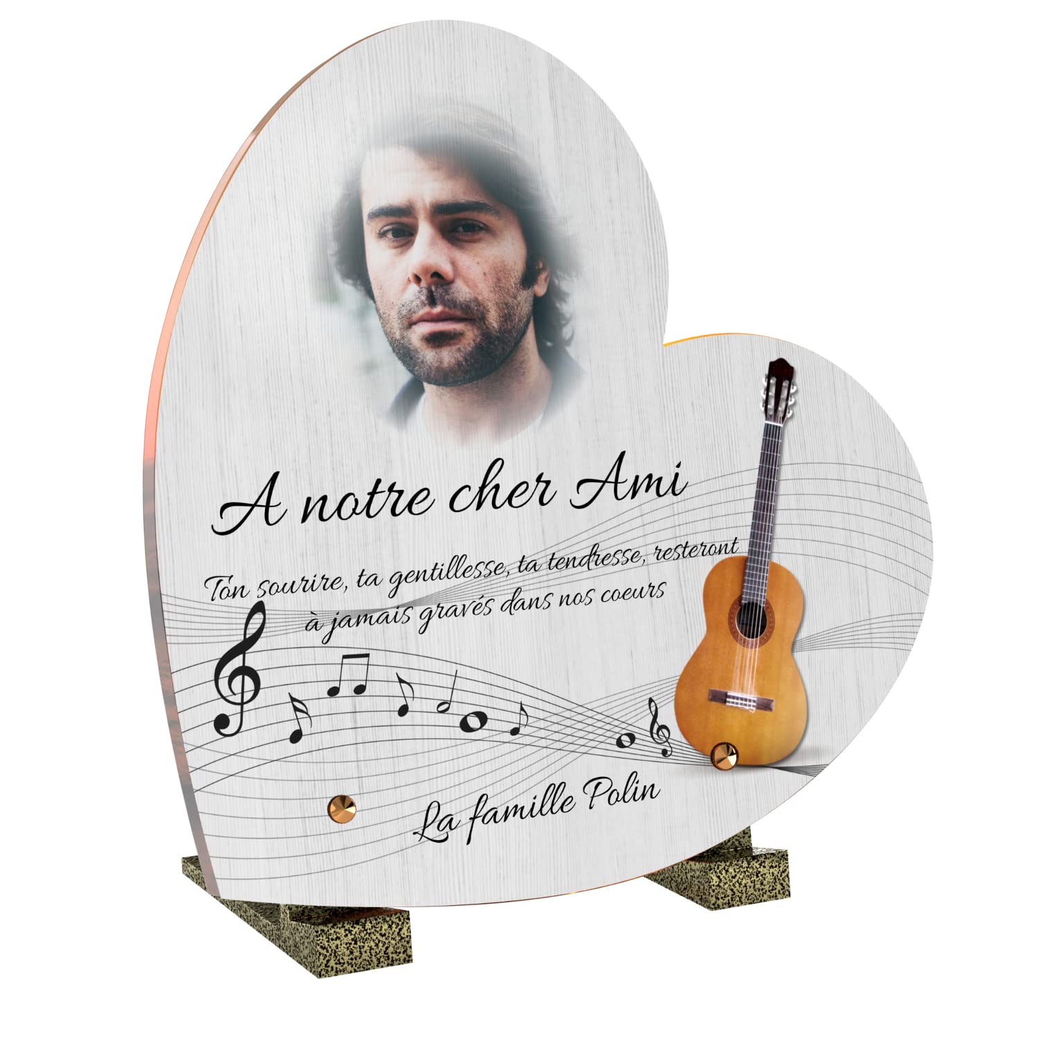 Plaque Funéraire Personnalisée Coeur musique - Plaque Funéraire personnalisable avec photo sans inter funéraire - Résiste aux Intempéries et Traitée Anti UV (Guitare, 21x21 cm (petit))