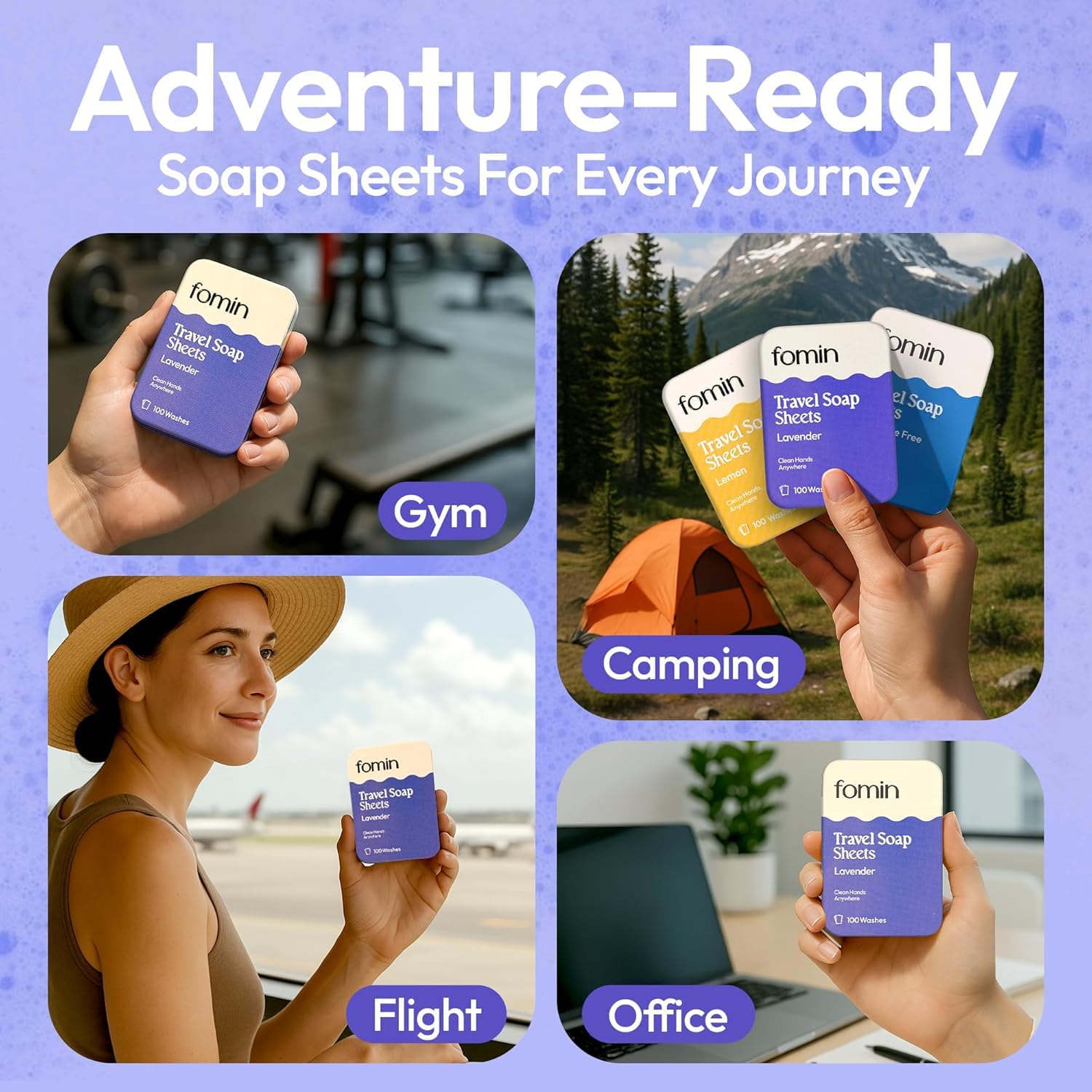 FOMIN - Láminas de jabón de papel antibacteriano para viajes - (300 hojas) lavanda - Hojas de jabón de manos portátiles de viaje, mini jabón de manos soluble para acampar para lavarse las manos