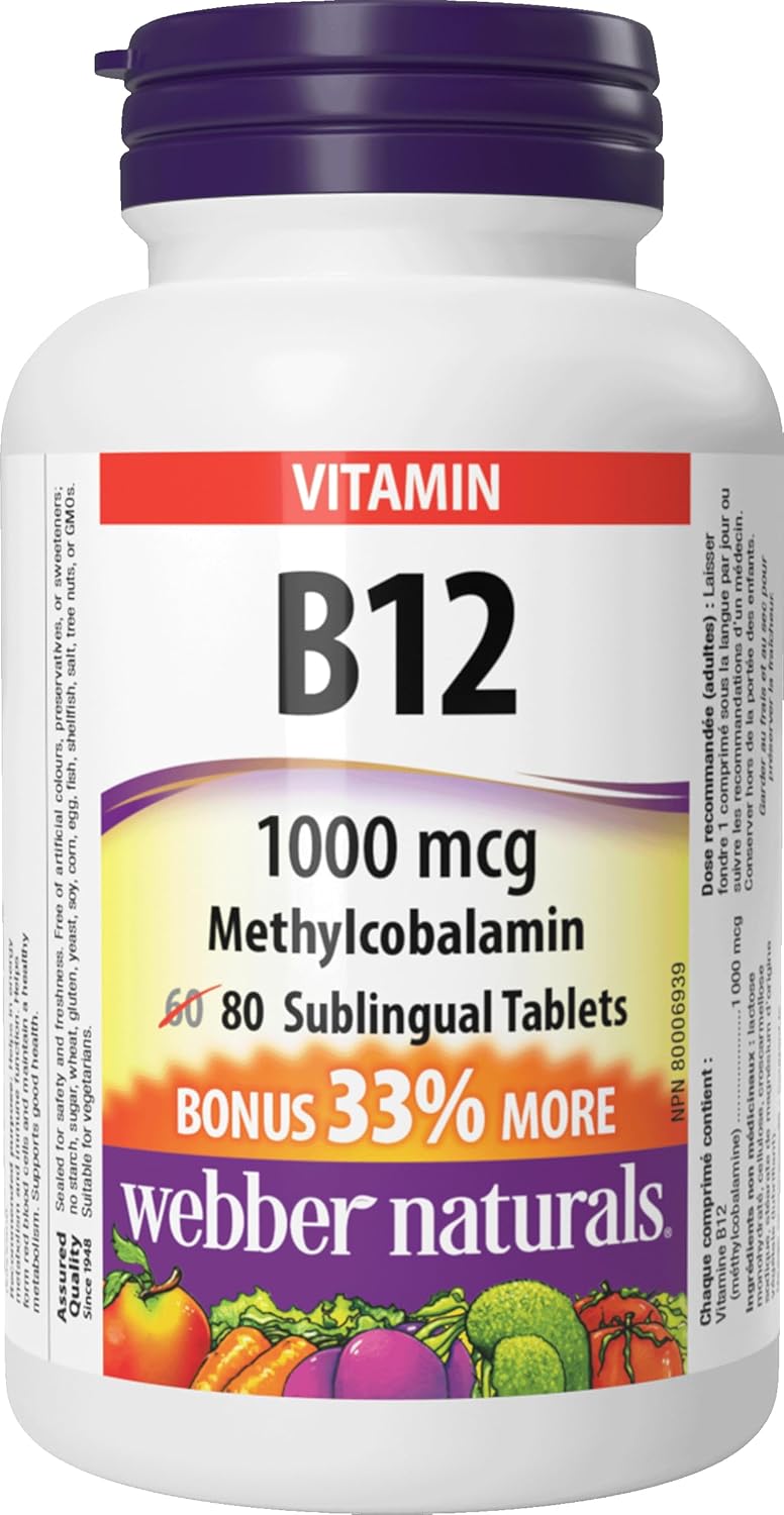 Webber Naturals Vitamin B12 1000 mcg, Quick Dissolve, 80 Tablets, Supports Energy Production and Metabolism