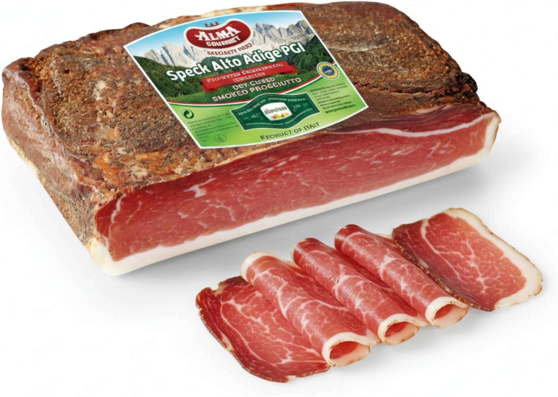 Speck Alto Adige IGP Approx. 5 lb (2.3 kg) - Traditionally Seasoned, Dry-Cured & Lightly Smoked Italian Prosciutto Style Ham, Whole Alpine Cured Pork Meat, Boneless and Ready to Slice, Vacuum Sealed Gourmet Charcuterie
