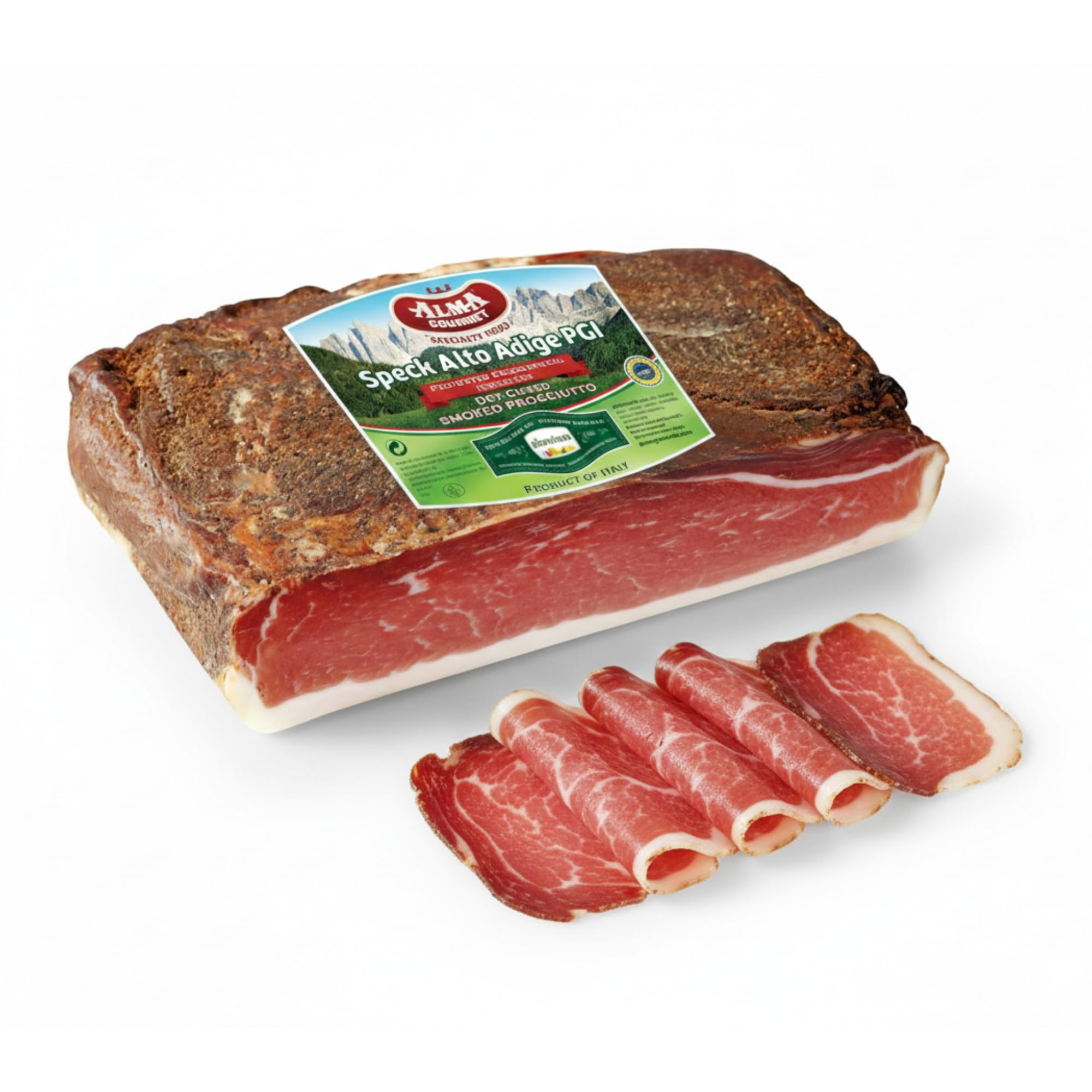 Alma Gourmet Speck Alto Adige IGP Approx. 5 lb (2.3 kg) - Traditionally Seasoned, Dry-Cured & Lightly Smoked Italian Prosciutto Style Ham, Whole Alpine Cured Pork Meat, Boneless and Ready to Slice, Vacuum Sealed Gourmet Charcuterie