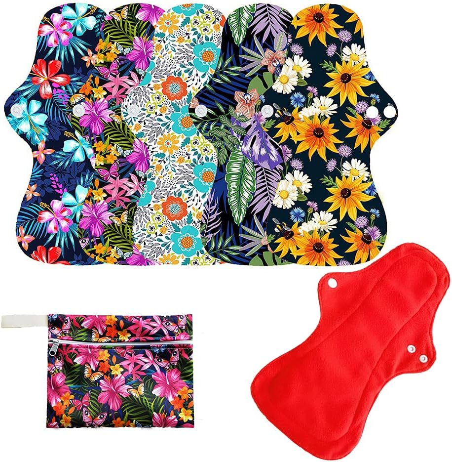6Pcs Resuable Waterproof Menstrual Pad Sets Including 1Pc Mini Wet Bag and 5Pcs Heavy Flow Red Color Microfleece Stay Dry Menstrual Pads Mama Cloth Sanitary Napkins…