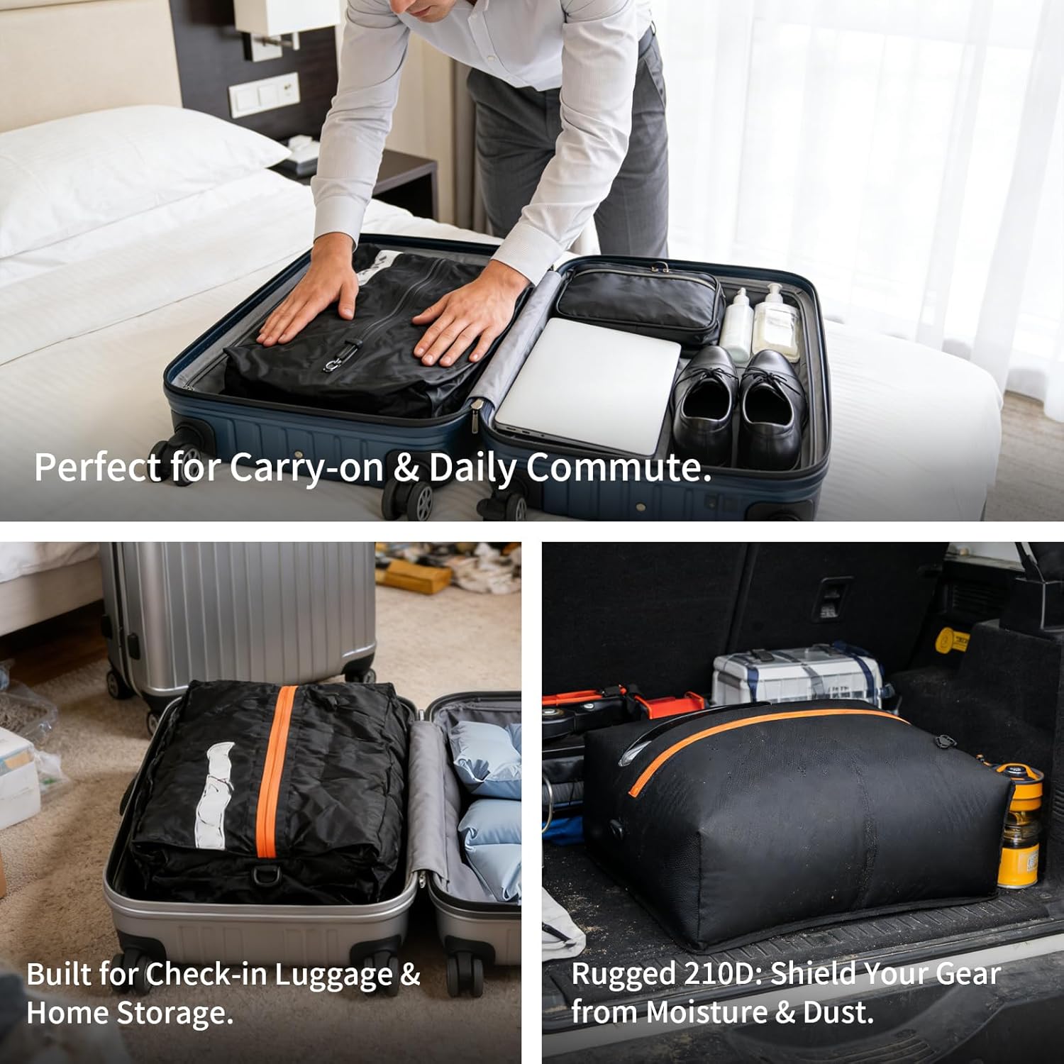 Vacuum Bags for Travel with Wireless Electric Pump, 2 Pack (17L+44L) Compression Packing Cubes for Backpack & 24"/28" Luggage, Heavy Duty Nylon Space Saver, IP67 Waterproof & Privacy Black