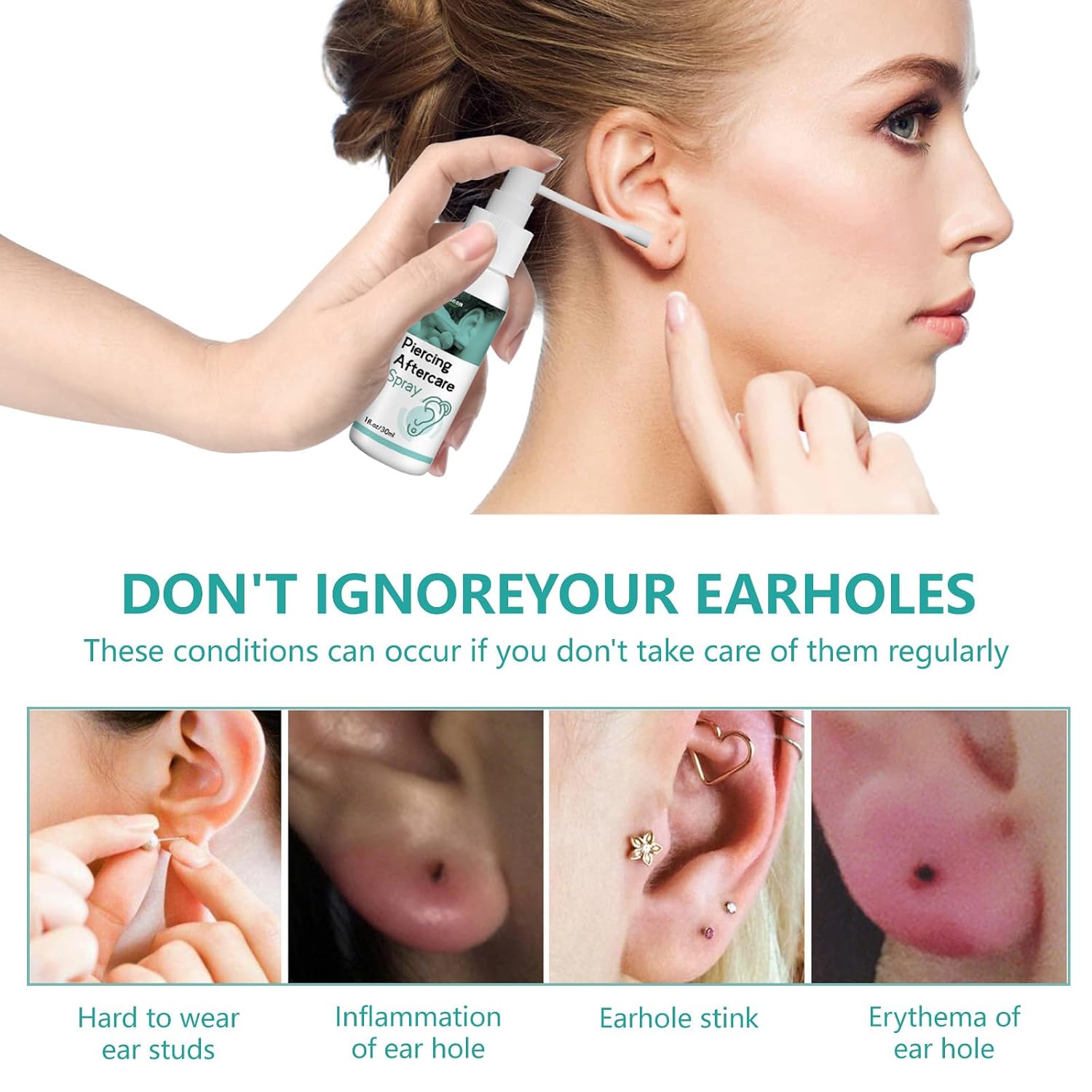 Piercing Aftercare Spray, For ear, nose, belly button care and cleaning, Gentle cleaning of pierced ears, descaling behind ears 30ML