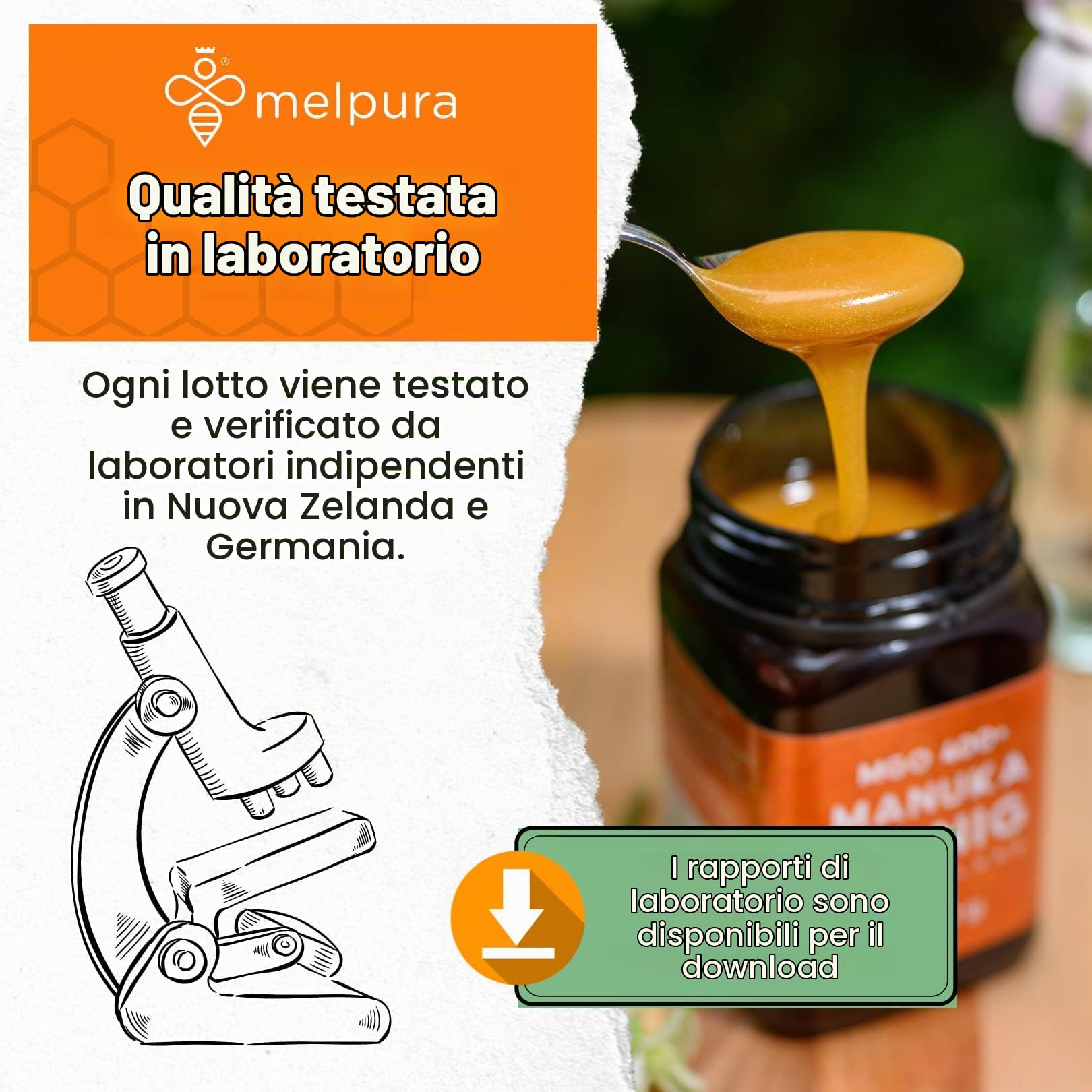 Miele di Manuka MELPURA MGO 400+ 500 g dalla Nuova Zelanda con contenuto di metilgliossale naturale certificato – Testato in laboratorio, origine verificata, commercio equo e solidale direttamente dal