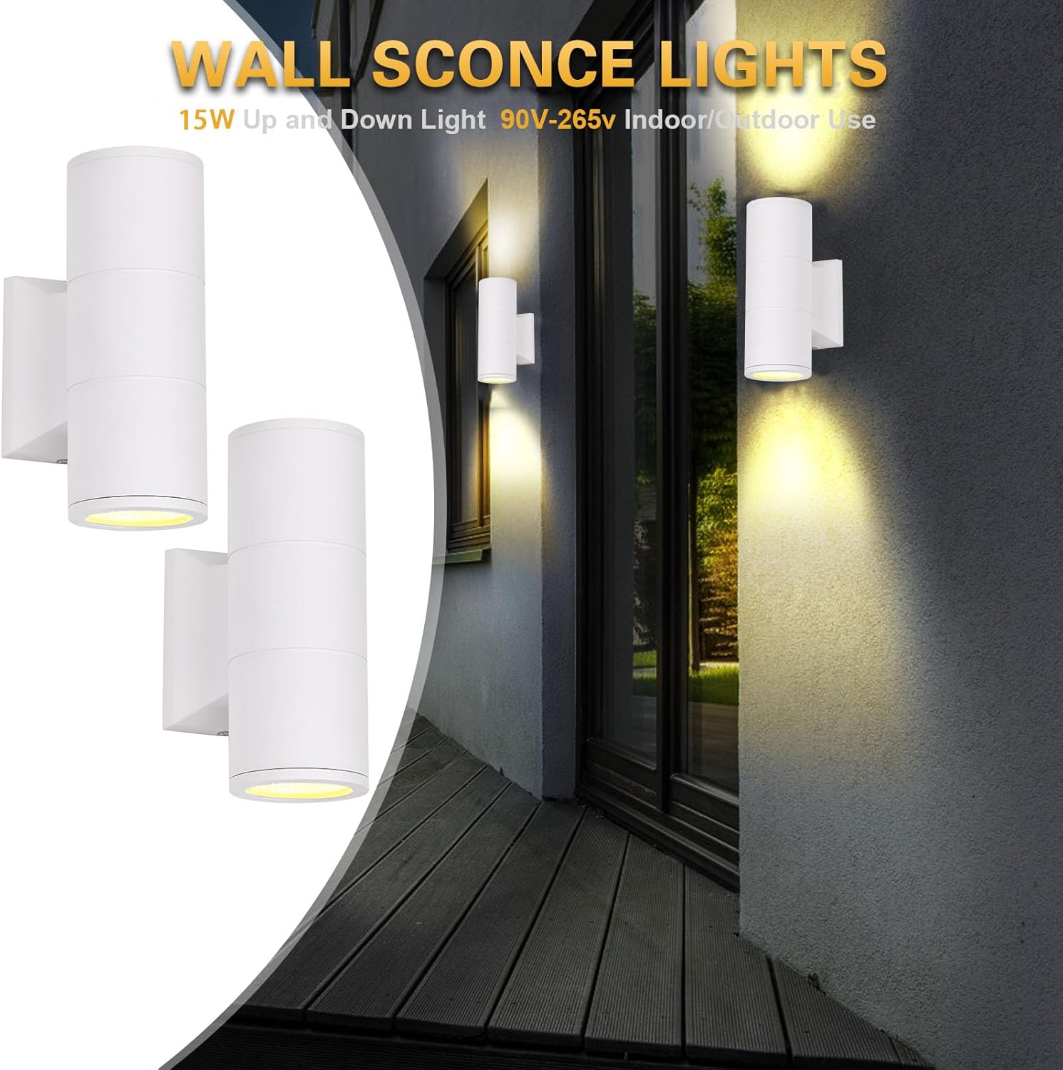 3-Color 15W LED Up Down Wall Light,110V~260V Bright LED Wall Sconces with Remtoe for Living Room,Hallway Corridor,Exterior Front Door Porch 2700K~6500K, 1500lm White 2 Pack