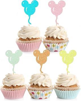 30Pcs Mouse Inspired Cupcake Toppers Glitter Multiple Colors Mouse Balloon Cake Toppers Decorations for Baby Shower Kids Birthday Party Wedding Anniversary Party Supplies