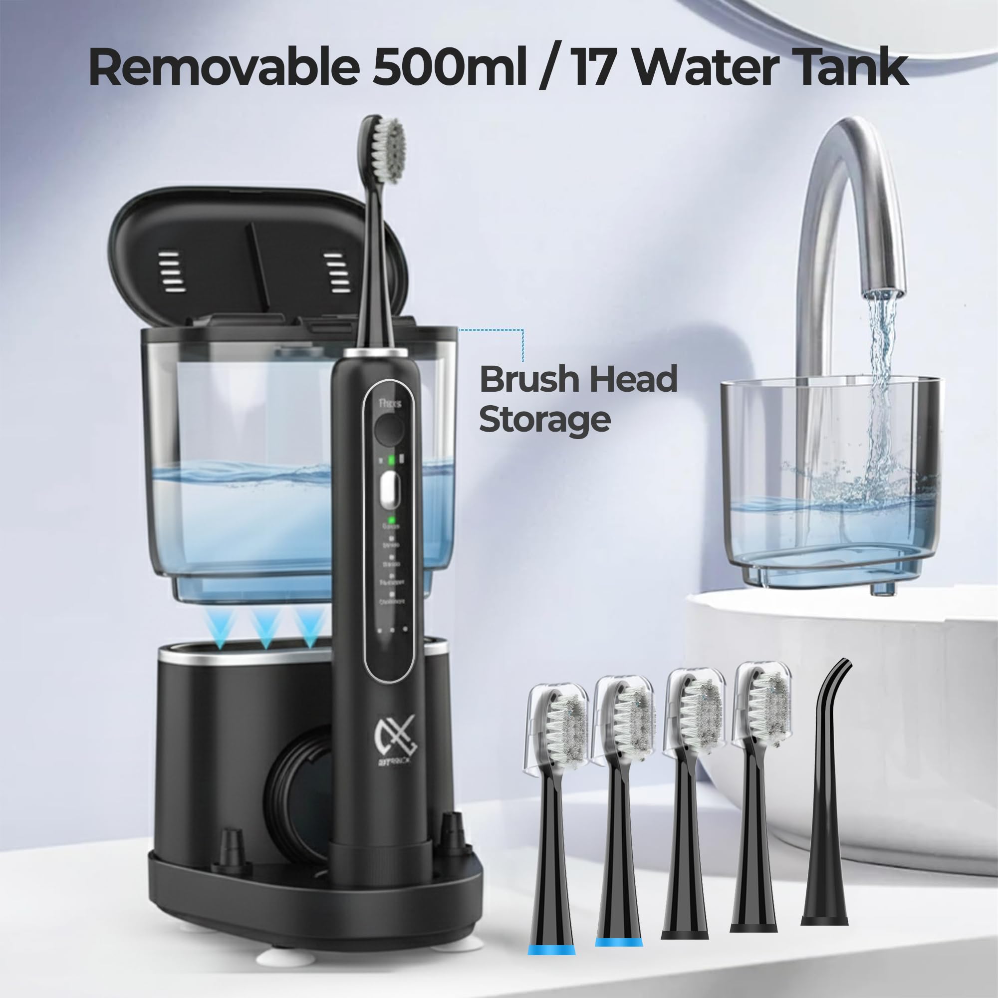 Professionelle elektrische Zahnbürste mit Wasserseide, 2-in-1 elektrische Zahnbürste und Wasserflosser, elektrische Schallzahnbürste, kabellose Zahnseidebürste (schwarz)