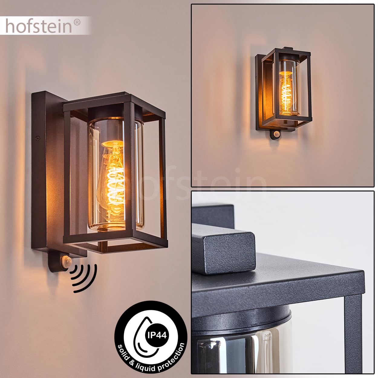 HOFSTEIN Außenwandleuchte Portalis, Außenwandlampe m. Bewegungsmelder aus Metall/Glas in Schwarz/Rauchfarben, Wechselglas Klar, Wandleuchte im Industrial-Stil, E27, IP44, Eingangsbereich, Haustür