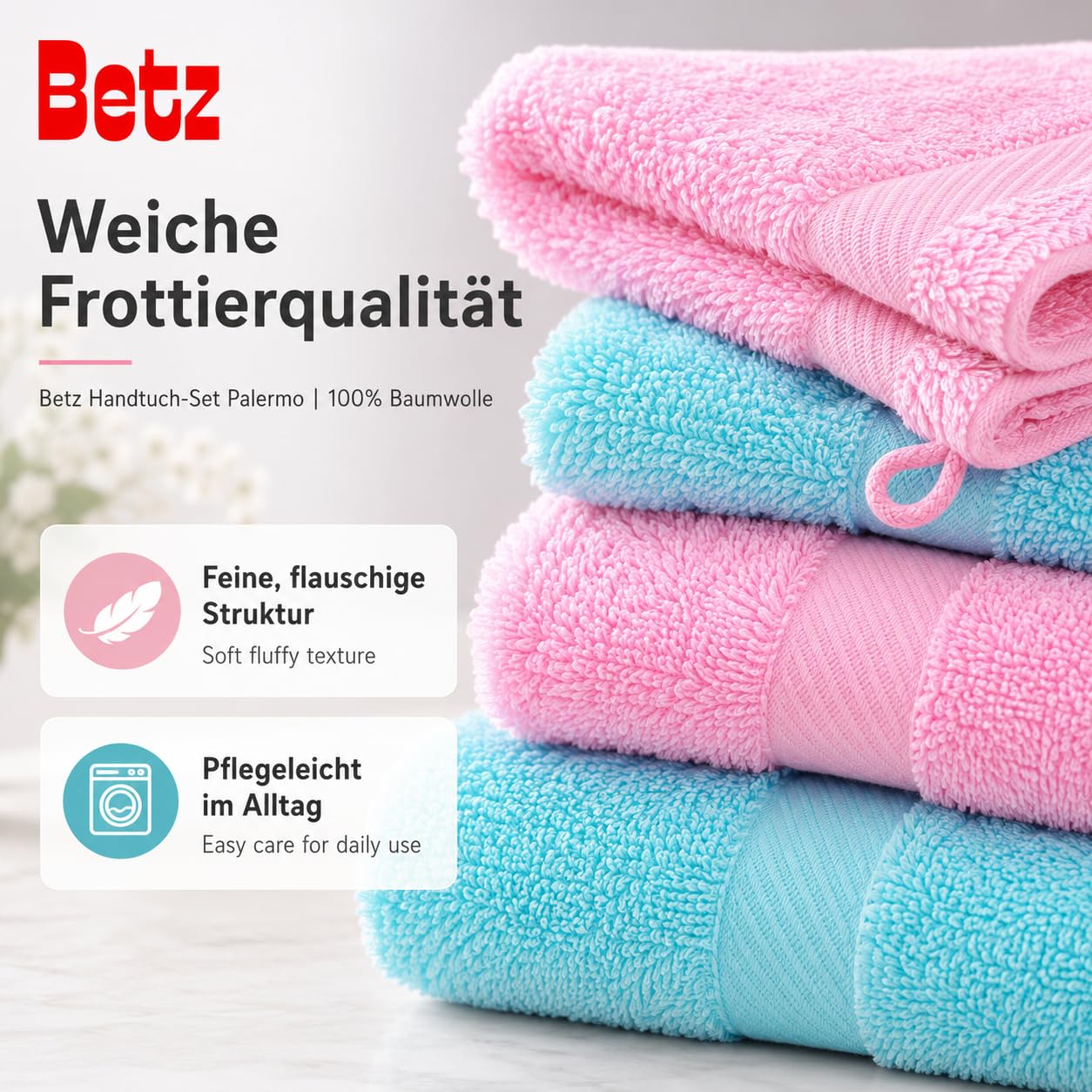 Betz Lot de 12 pièces 100% Coton Palermo 2 draps de Bain 4 Serviettes de Toilette 2 d'invités 2 lavettes 2 Gants de Toilette Couleur Rose et Turquoise