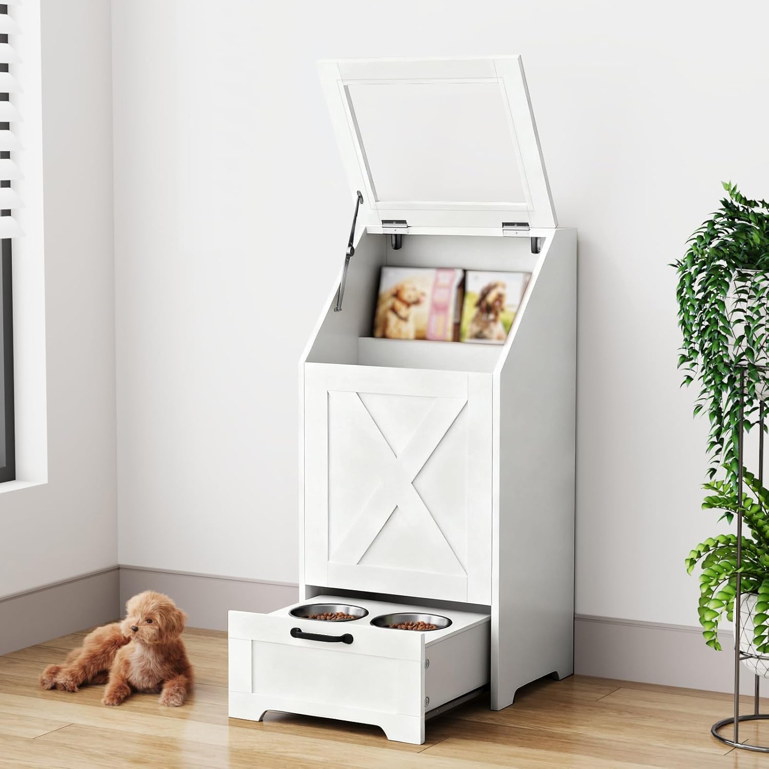 Dog Feeding Station with Storage Cabinet and 2 Elevated Dog Bowls, Hidden Pet Food Storage Organizer for Dog &Cat, Modern Dogs Furniture, White