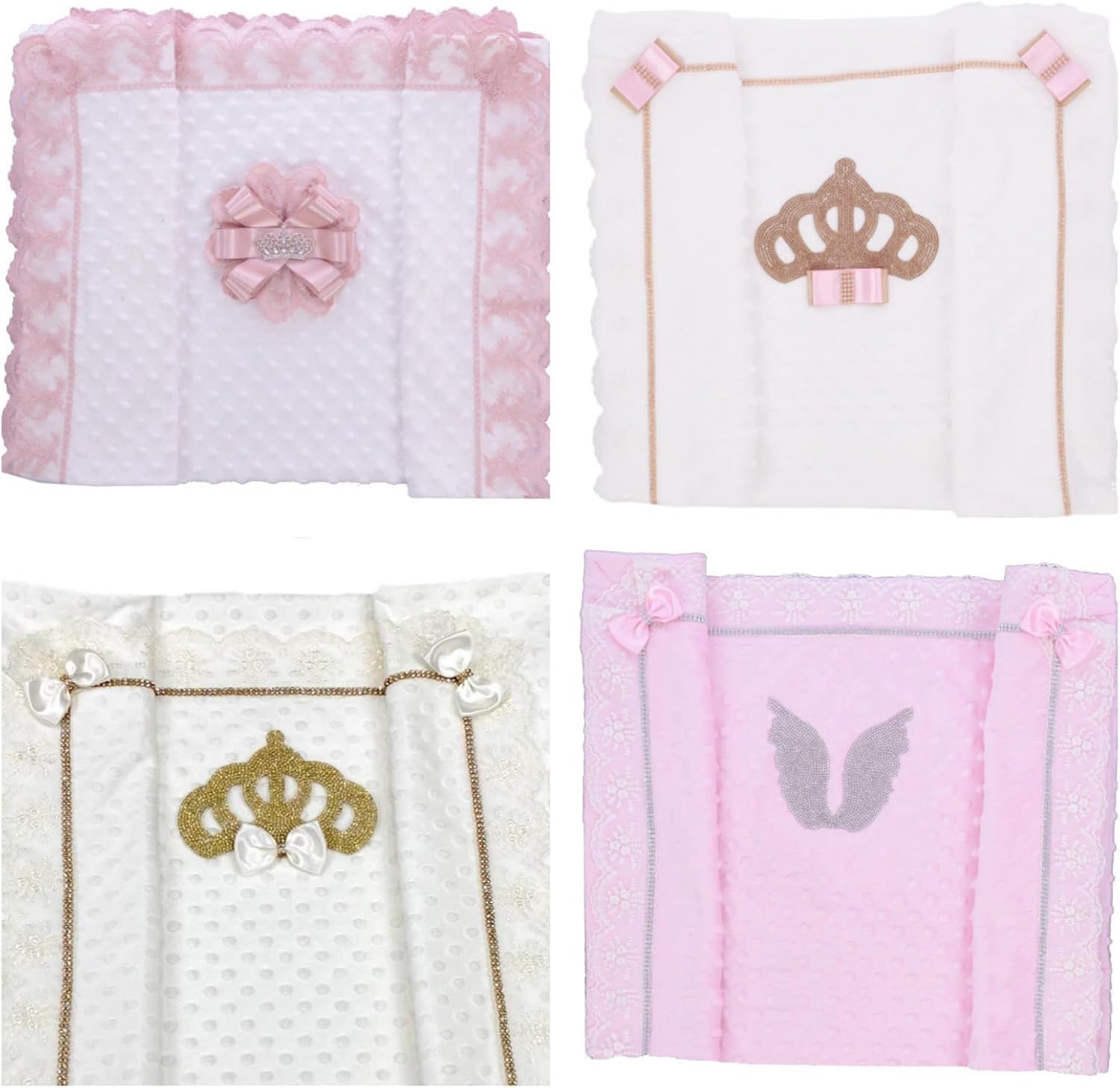 Rhinestone Baby Blanket, Polka dot Beanie Quilt, lace Trim, Bow Detail (Pink Pearl Crown, 31.49 * 31.49(in))