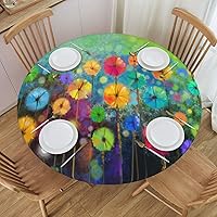Vista 2 de Mantel redondo con flores coloridas, elástico, impermeable, lavable, para decoración de mesa, para fiesta, comedor, picnic, pequeño