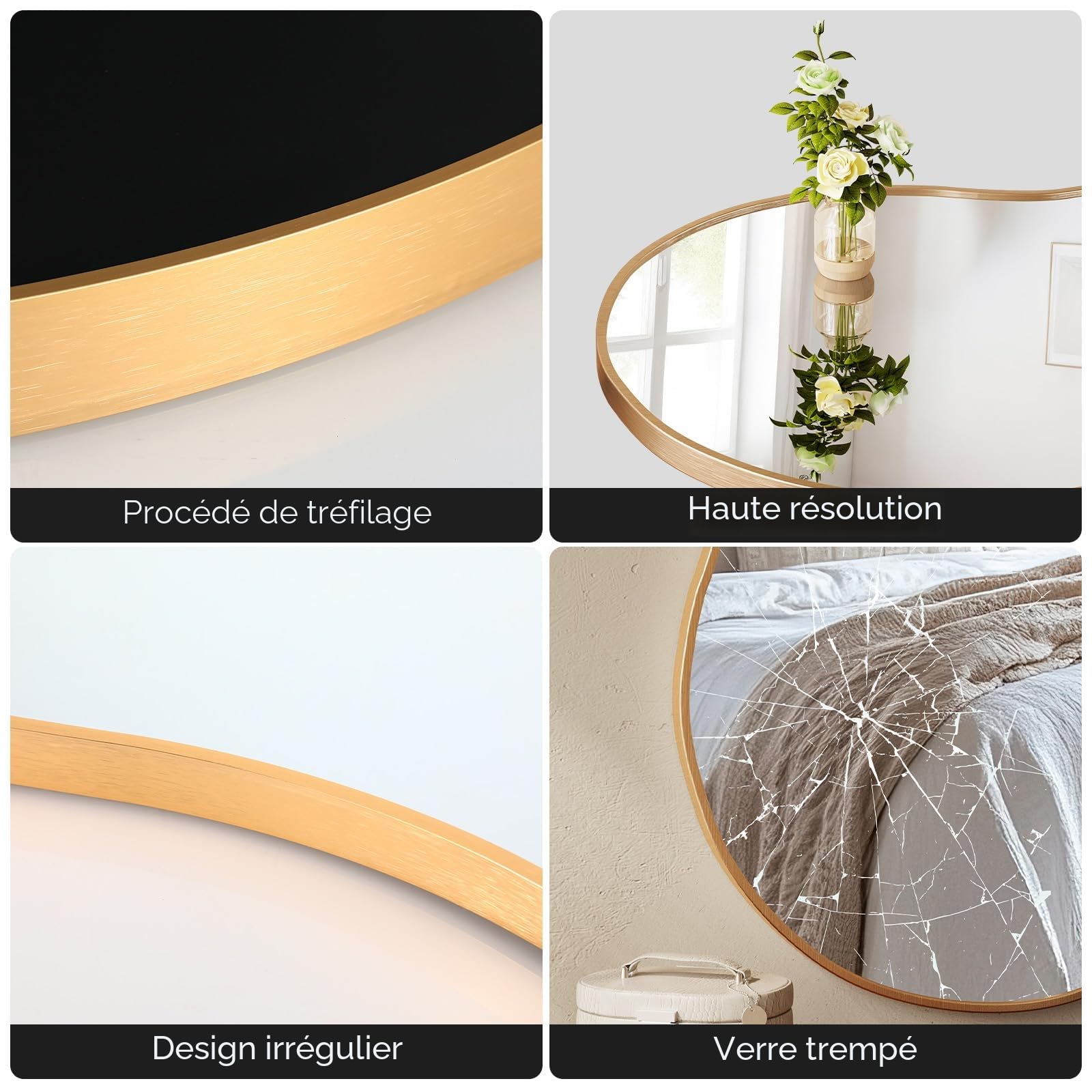 MAMIZO Miroir asymétrique, 50 x 91 cm, miroir mural de forme irrégulière, verre trempé, cadre en aluminium, miroirs décoratifs, miroir de maquillage unique, miroir de salle de bain, doré