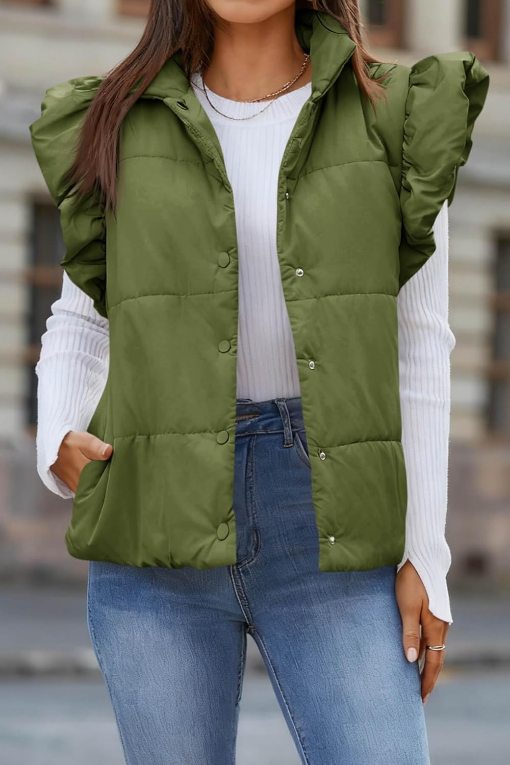 Tankaneo Womens Puffer Vest Ruffle Sleeveless Button Down Winter Warm Padded Gilet Coats - Image 3