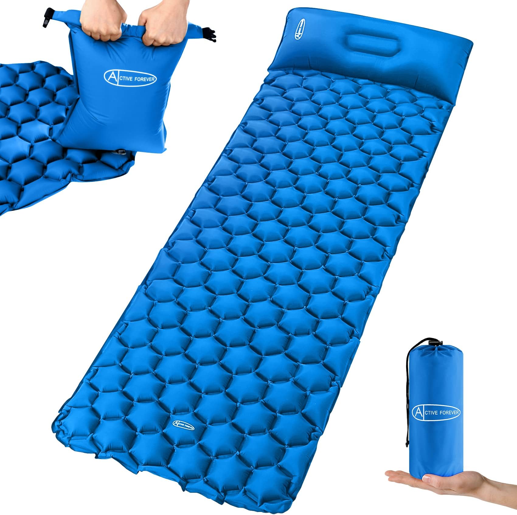 Inflatable Camping Mat, Ultralight Sleeping Mat with Pillow and 20L Pump Bag, Waterproof Air Mattress Single Pad Bed for Outdoor Backpacking Hiking Beach, Blue