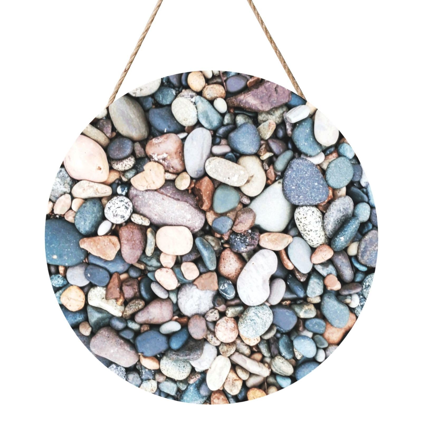 InOmak Beach Colored Pebbles Print, Round Wood Panel Painting 12 in, Wall Hanging Painting For Home