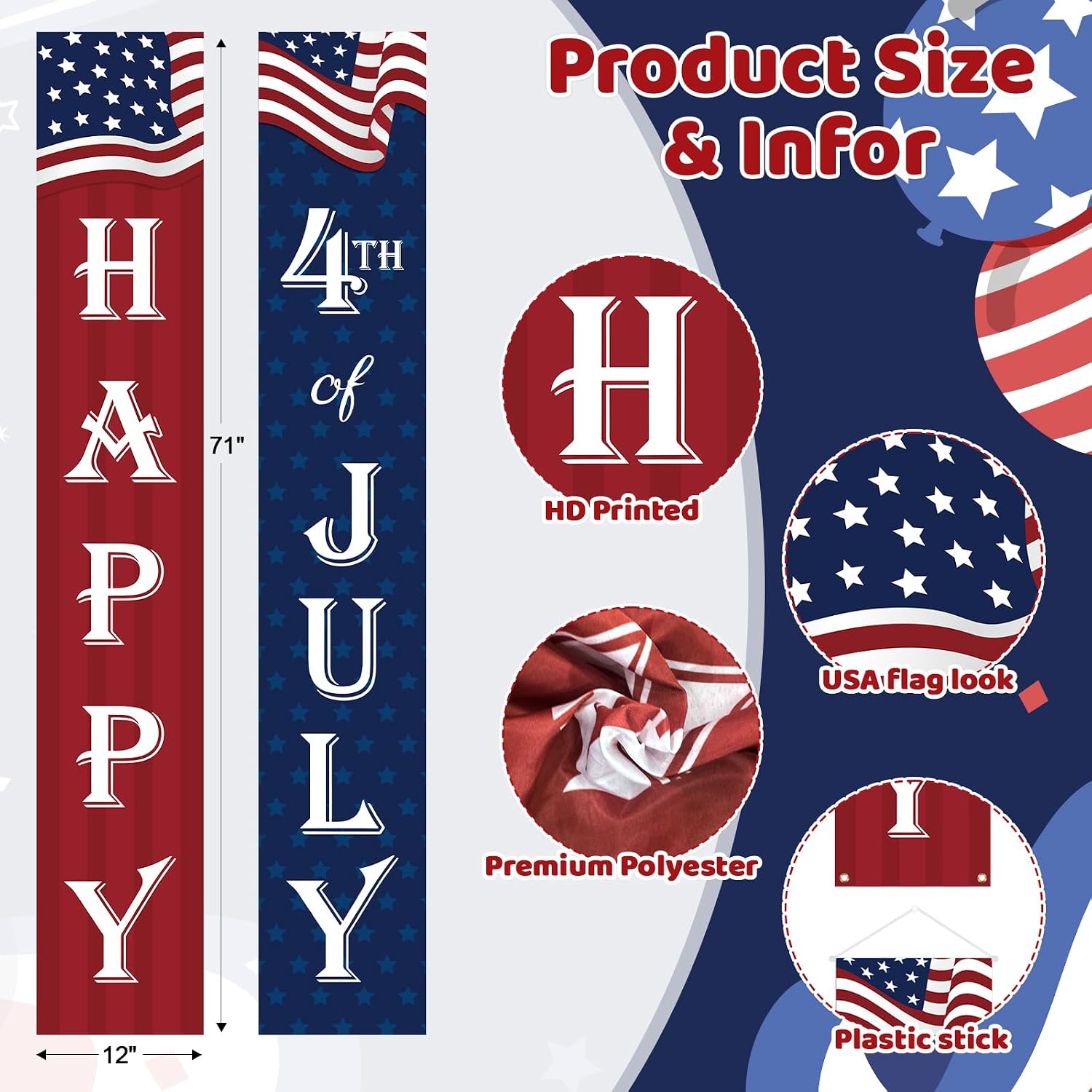 COCHIE Happy 4th of July Decorations Banner a Set of 2, 12"x71" Fourth of July Party Door Porch Sign Banner for Home Yard Lawn Front Door Decor, Red Blue White Parties Decoration Indoor Outdoor (USA Flag)