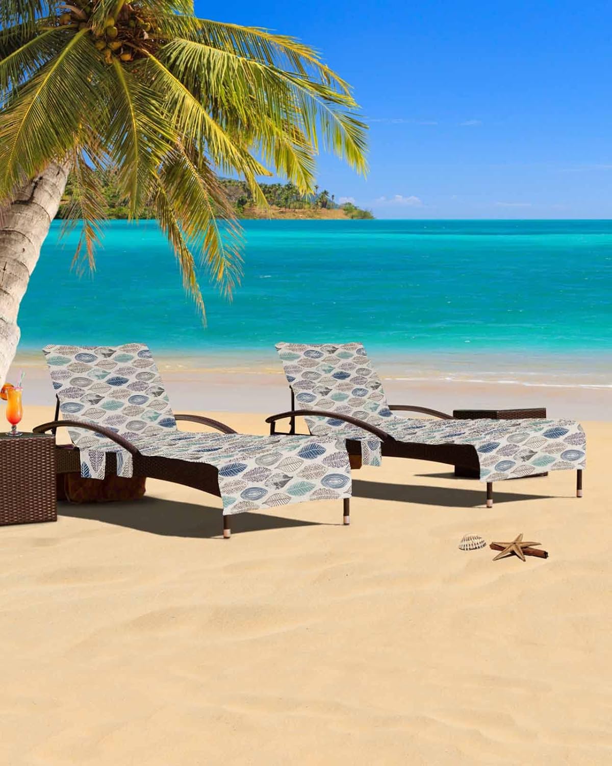 Leaves Beach Pool Patio Lounge Chaise Chair Cover Towel With Pockets,Absorbent & Quick Dry Microfiber Towel Cover Bag Summer Accessories for Sunbathing Vintage Geometric Blue Khaki Teal Purple Leaf