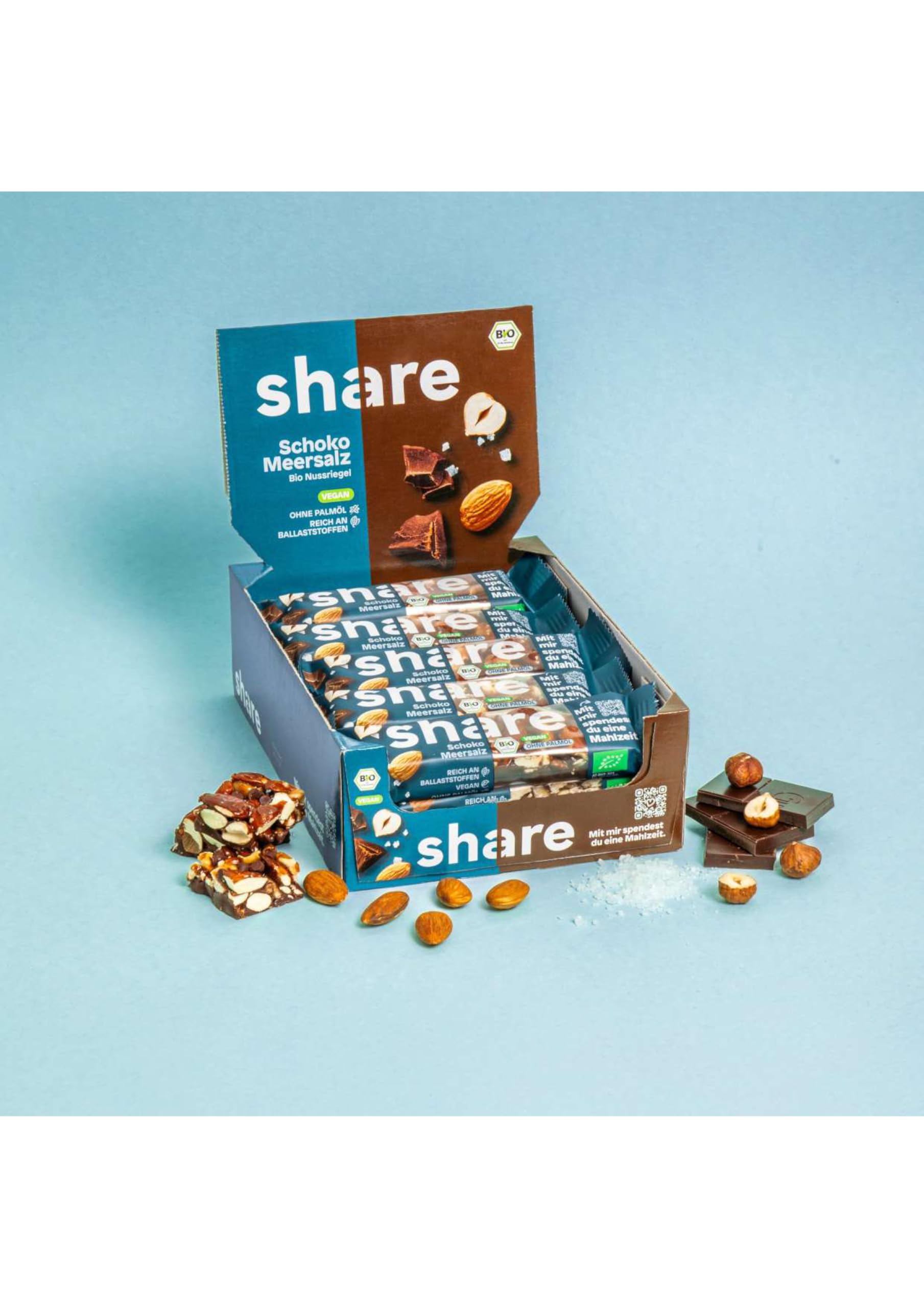 share Bio Nussriegel Schoko & Meersalz (15x35g) | Vegan, Ohne Palmöl, Laktosefrei – Snackriegel mit Mandeln, Haselnuss, Schokolade & Meersalz – Spendet Essen