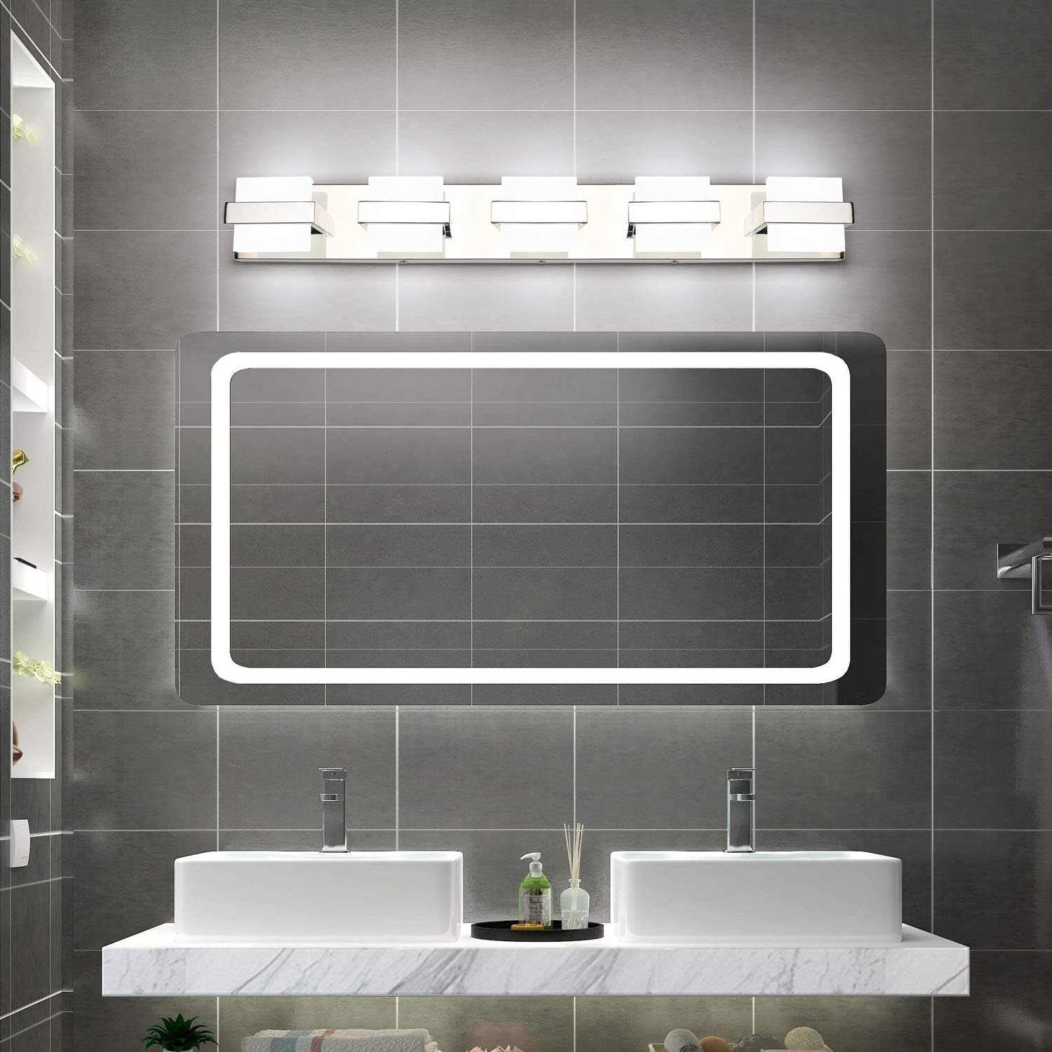SOLFART Modern 5 Light Chrome Vanity Lights Over Mirror for Bathroom Modern Stainless Steel for Bath Wall Lighting 7248-ND