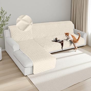 HDCAXKJ Waterproof Sectional Couch Covers Velvet Quilted 2-Pieces L Shape Sofa Cover Washable Thick Non Slip Sectional Slipcovers with Chaise Furniture Protector for Dogs Pets Beige, X-Large