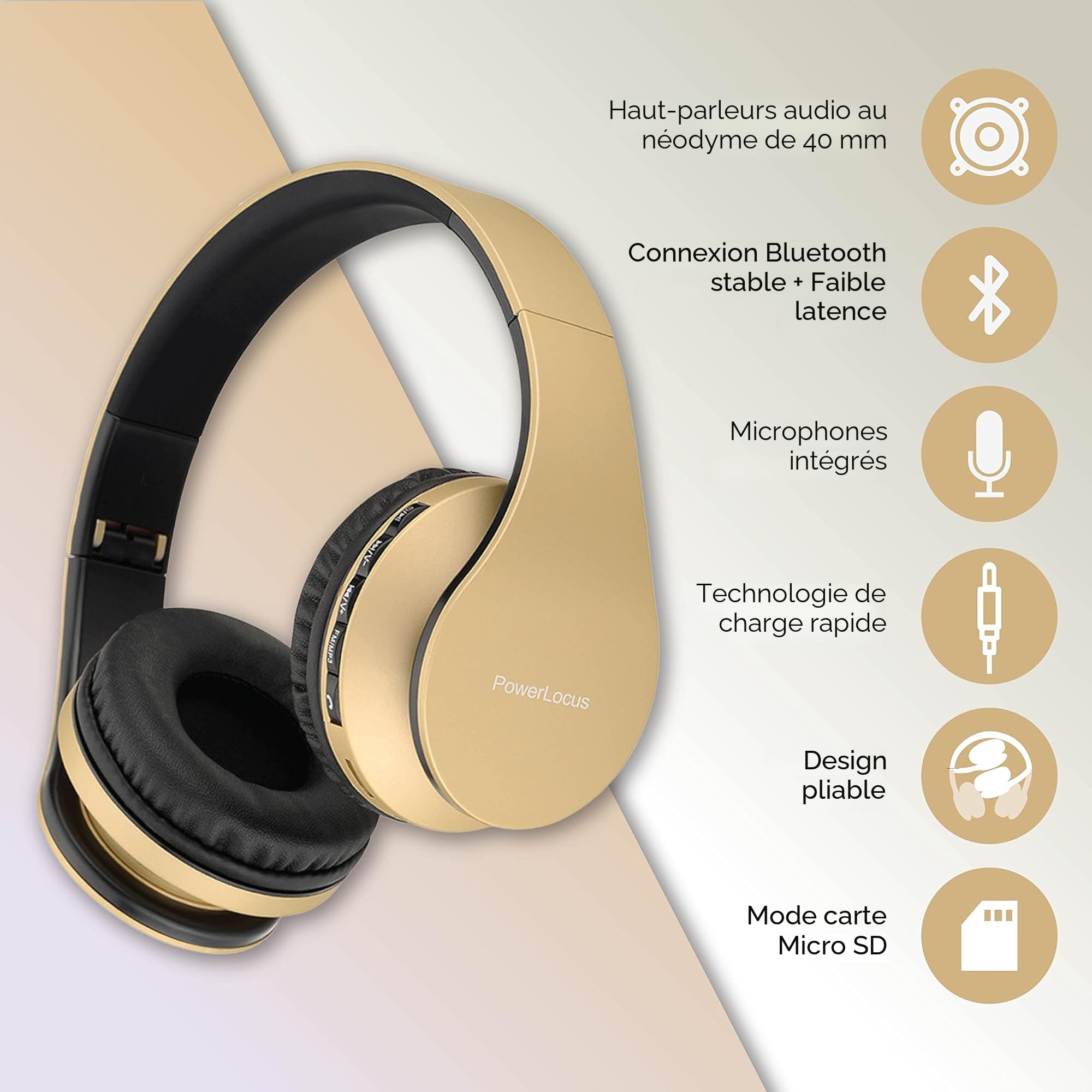 PowerLocus Casque Bluetooth sans Fil avec Micro intégré - Hi-FI Stereo – Micro SD/TF, FM Radio – Casque Pliables – pour iPhone/Android/iPad/Ordinateurs Portables (Or)