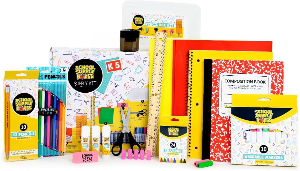 Back to School Supply Box Grades K-5 - School Supply Boxes - 32 Piece School Supplies Kit Includes Markers, Crayons, Pencils, Scissors, Folders, Glue Sticks, Notebook, and Composition Book