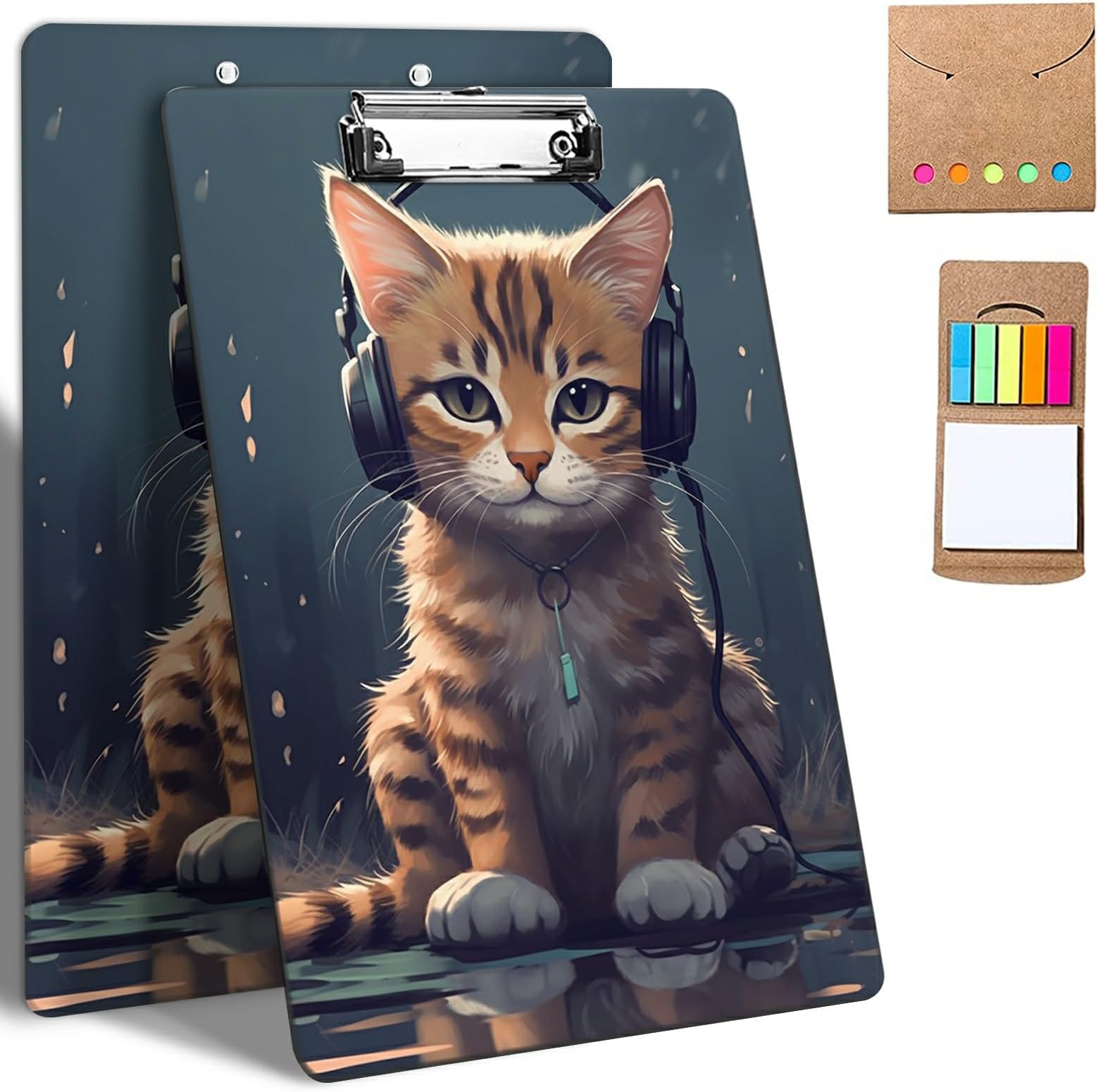 Plastic Clipboards, 9 x 12.5 Clip Boards with Low Profile Clip, Cute Clipboard Clip Board Stardard A4 Letter Size with Notes for Classroom,Office,Students,Women,Cat with Headphones