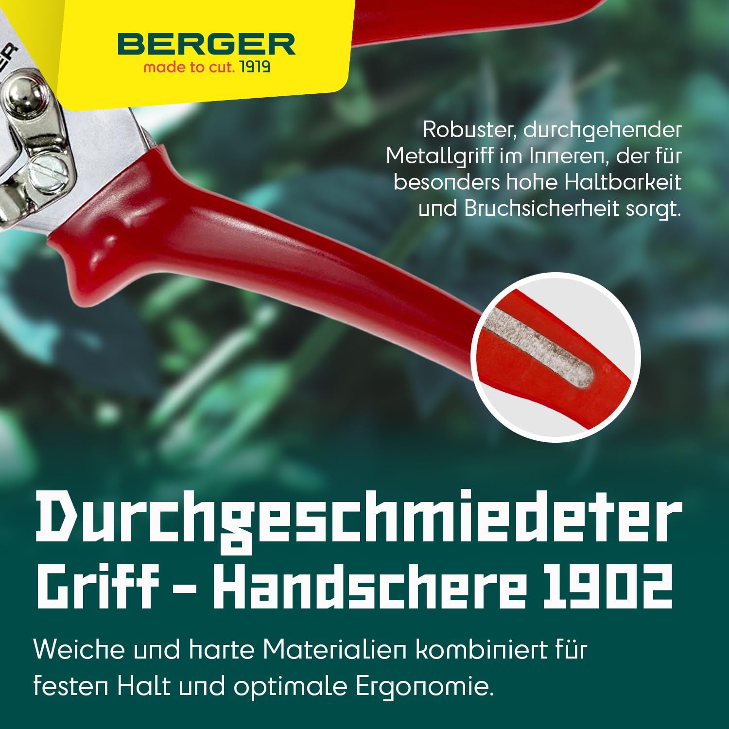 BERGER Amboss-Handschere 1902 | Amboss Gartenschere mit geradem Schneidkopf & antihaftbeschichteter Klinge | Profi Ambossschere aus Metall mit Einhandverschluss | Für Tot-& Hartholz | Made in Germany