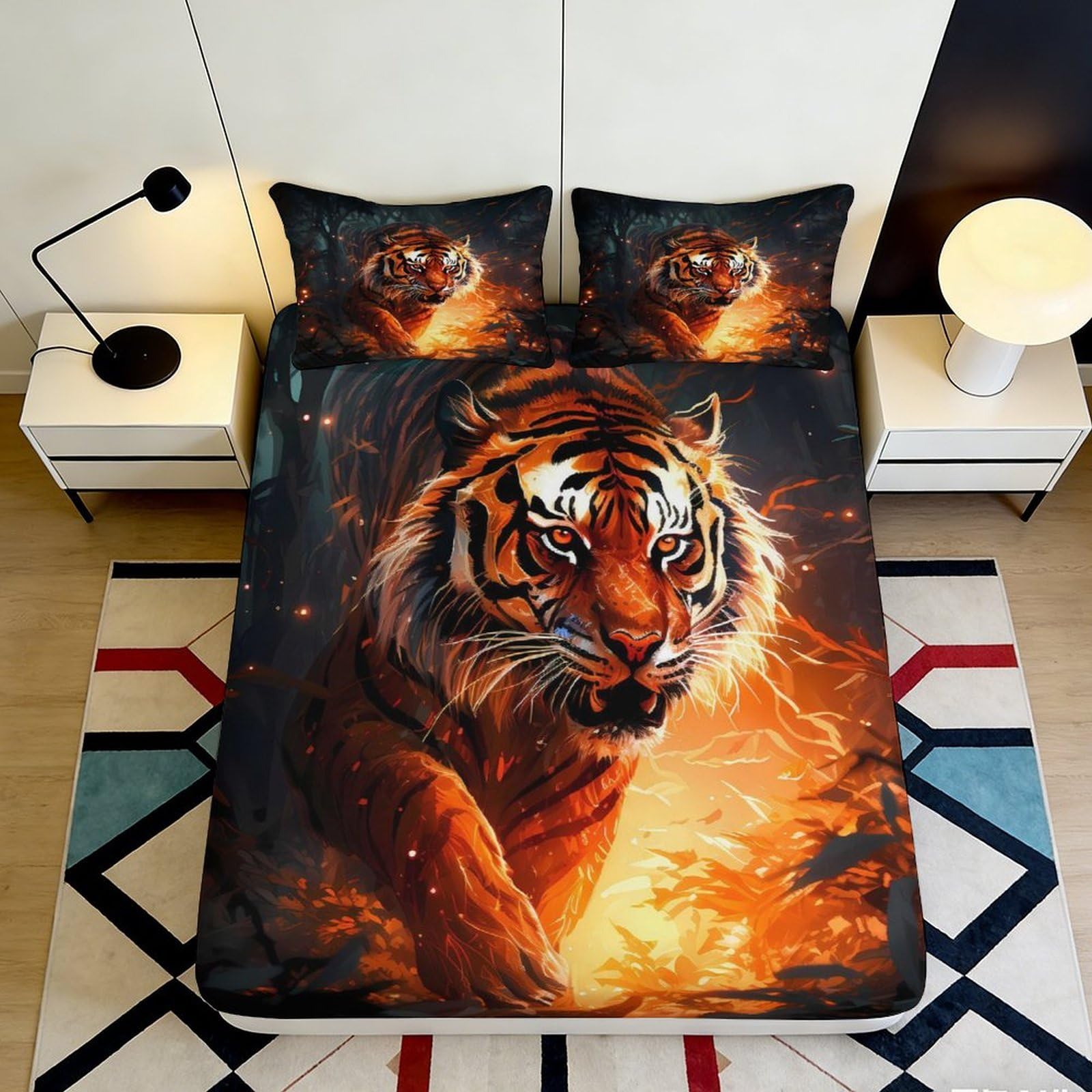 3D Printed Fiery Tiger Fitted Sheet Microfiber Soft Breathable Wild Animal Bed Cover for Bedroom Dorm Mattress Protection Decor 90x200x25cm