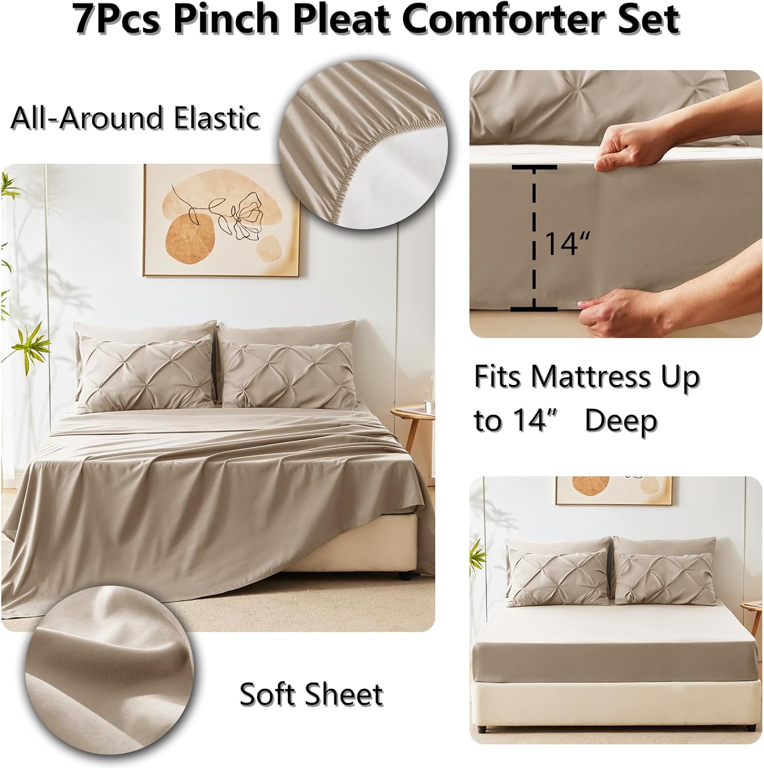 CozyLux Full Size Comforter Sets Wheat, 7 Pieces Pintuck Bed in A Bag Full, All Season Bed Set Gift for Family, Pinch Pleat Bedding Sets with Comforter, Sheets, Pillowcases & Shams thumbnail