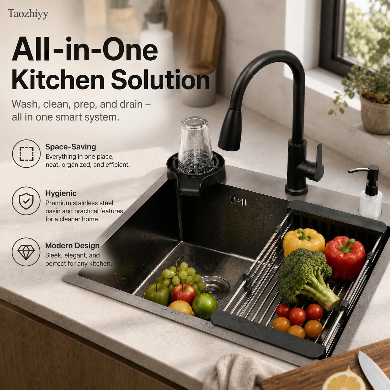 Fregadero de cocina de acero inoxidable, 1 fregadero de cocina, 45 x 40 cm, con grifo extraíble, fregadero empotrado con lavavajillas para tazas, escurridor y dispensador de jabón, para restaurantes
