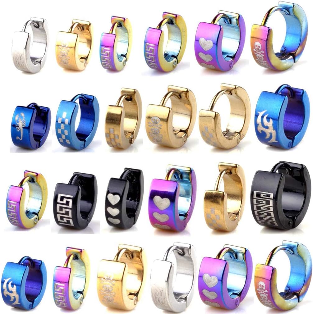 12Pairs Men's Women's Multi-model Taper Stainless Steel Huggie Hoop Earring